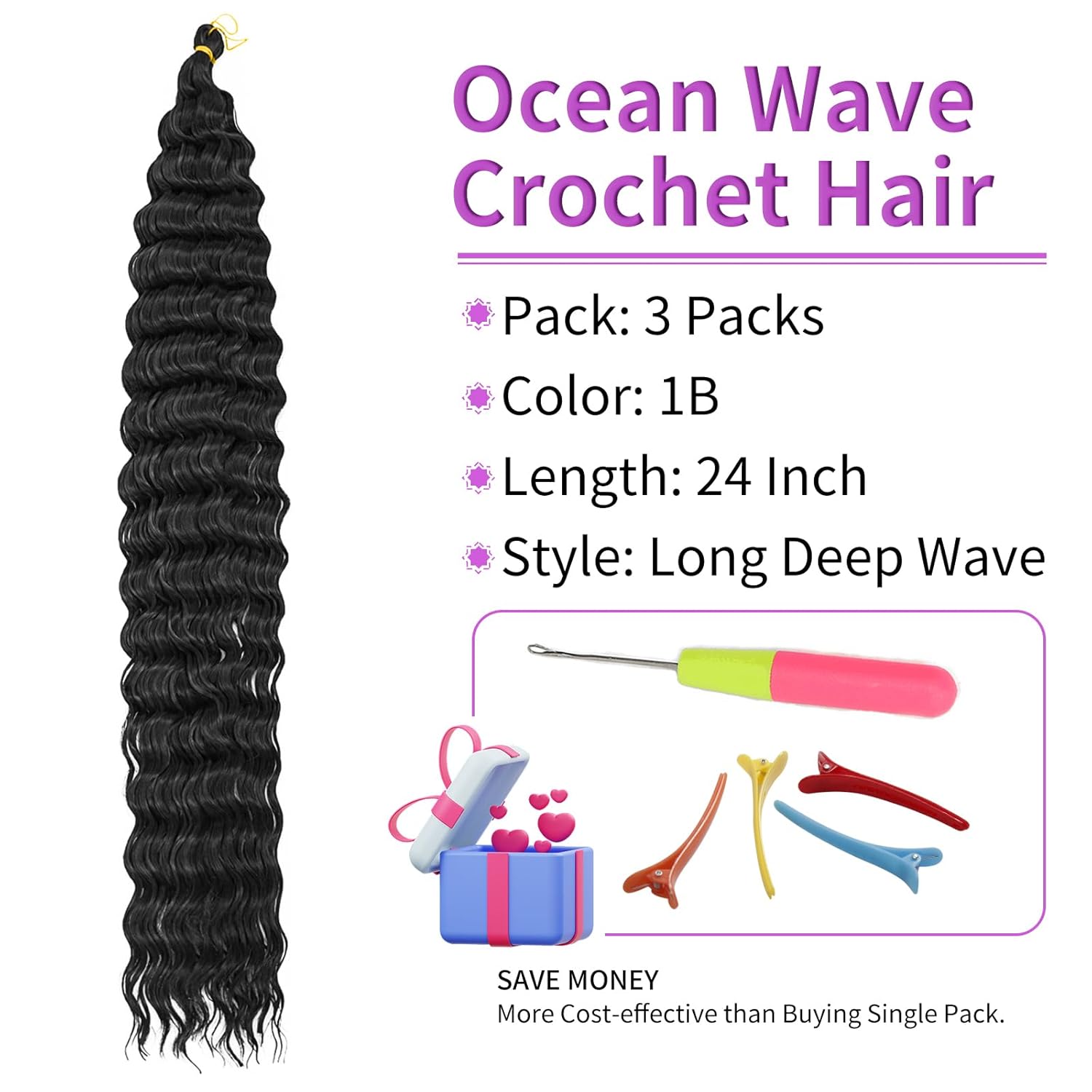 QRHSUKA Pelo de ganchillo Ocean Wave de 24 pulgadas, 3 paquetes de cabello rizado ondulado profundo para mujeres negras, trenzado de ganchillo