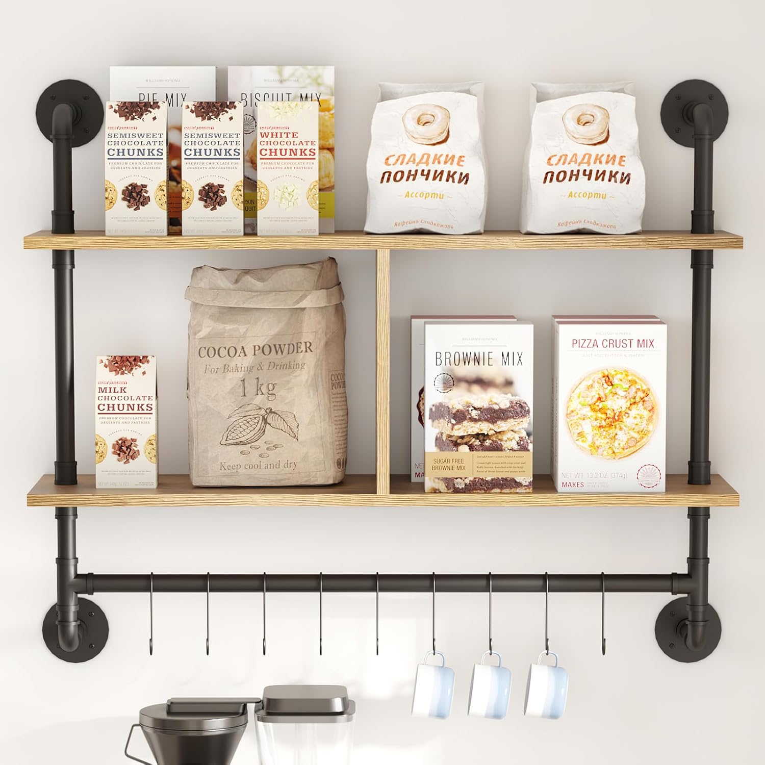 MAIKAILUN Estantes flotantes de tubería, estante de barra de café con 9 ganchos ajustables para tazas, utensilios de cocina o toallas para cocina,