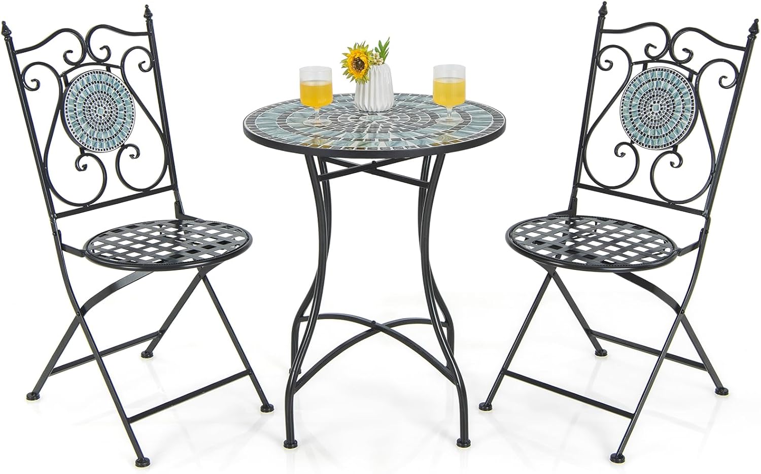 Giantex Juego de 2 mesas y sillas de bistró, mesa de patio de mosaico de 3 piezas con sillas plegables, marco de acero, juego de muebles de patio