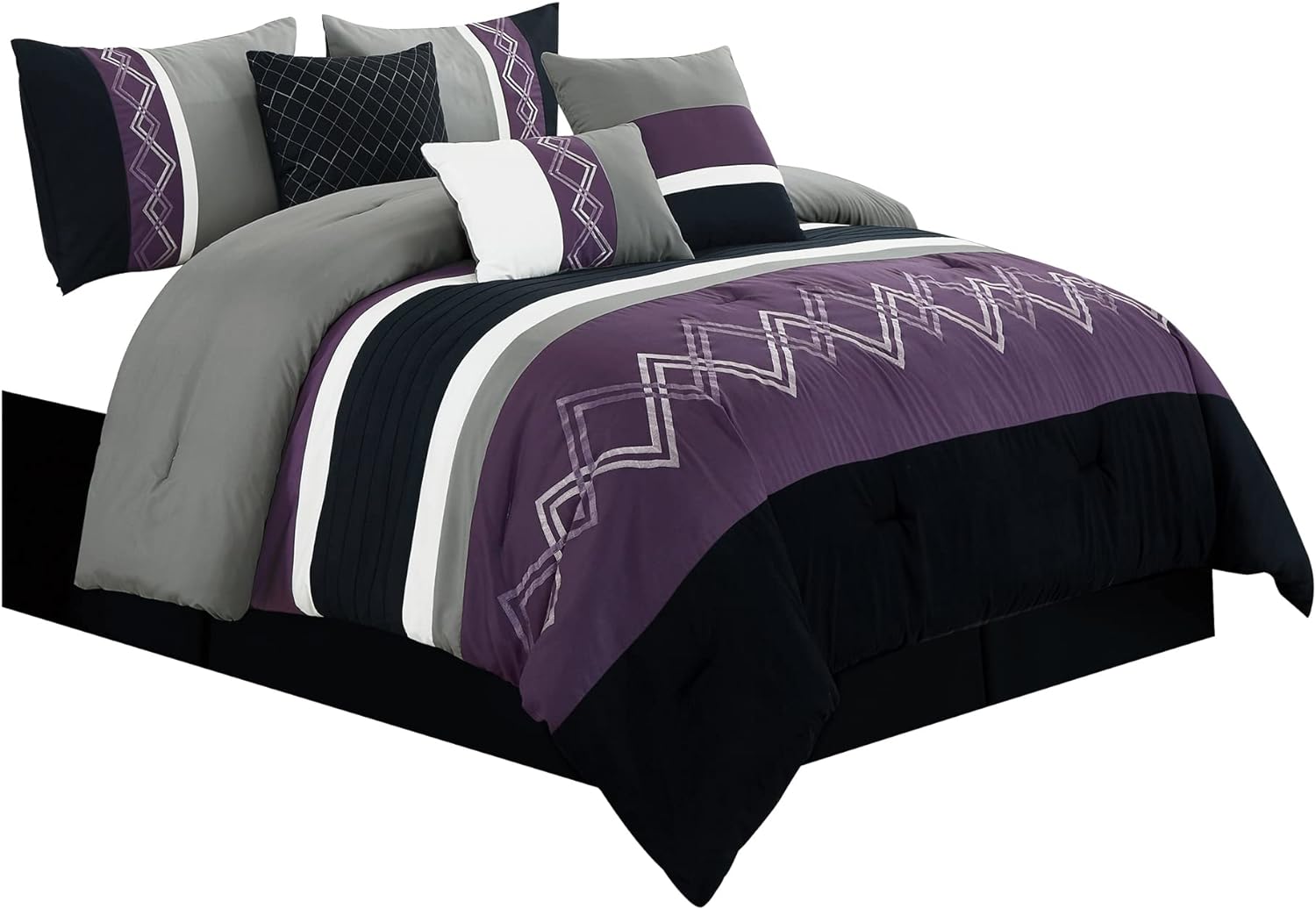 Chezmoi Collection Arden – Juego de edredón moderno de 7 piezas con diseño de rayas plisadas bordadas en zigzag (tamaño matrimonial, morado, negro,