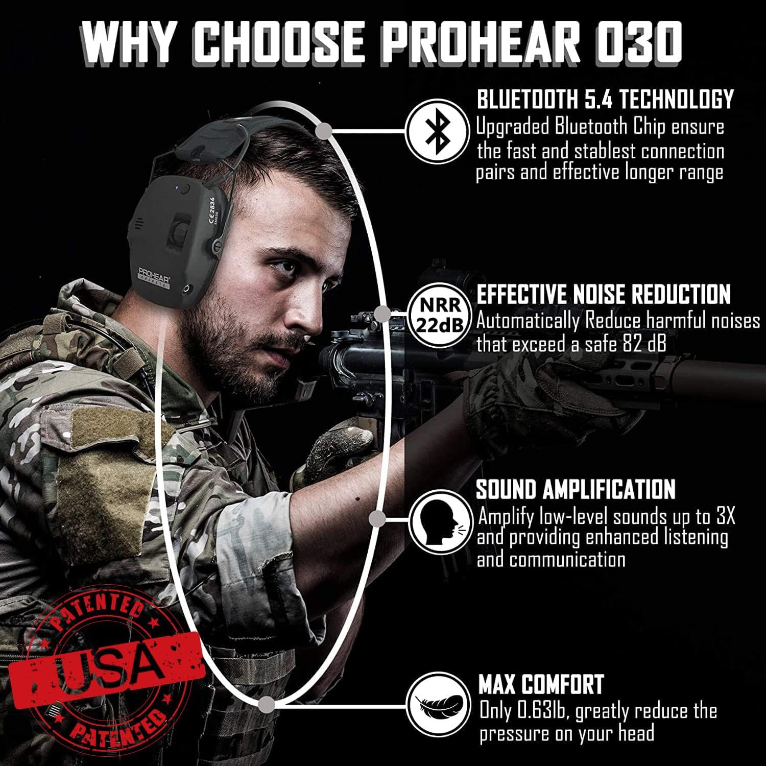 PROHEAR 030 Paquete de 2 orejeras electrónicas con Bluetooth 5.0 para disparo para los oídos, color negro