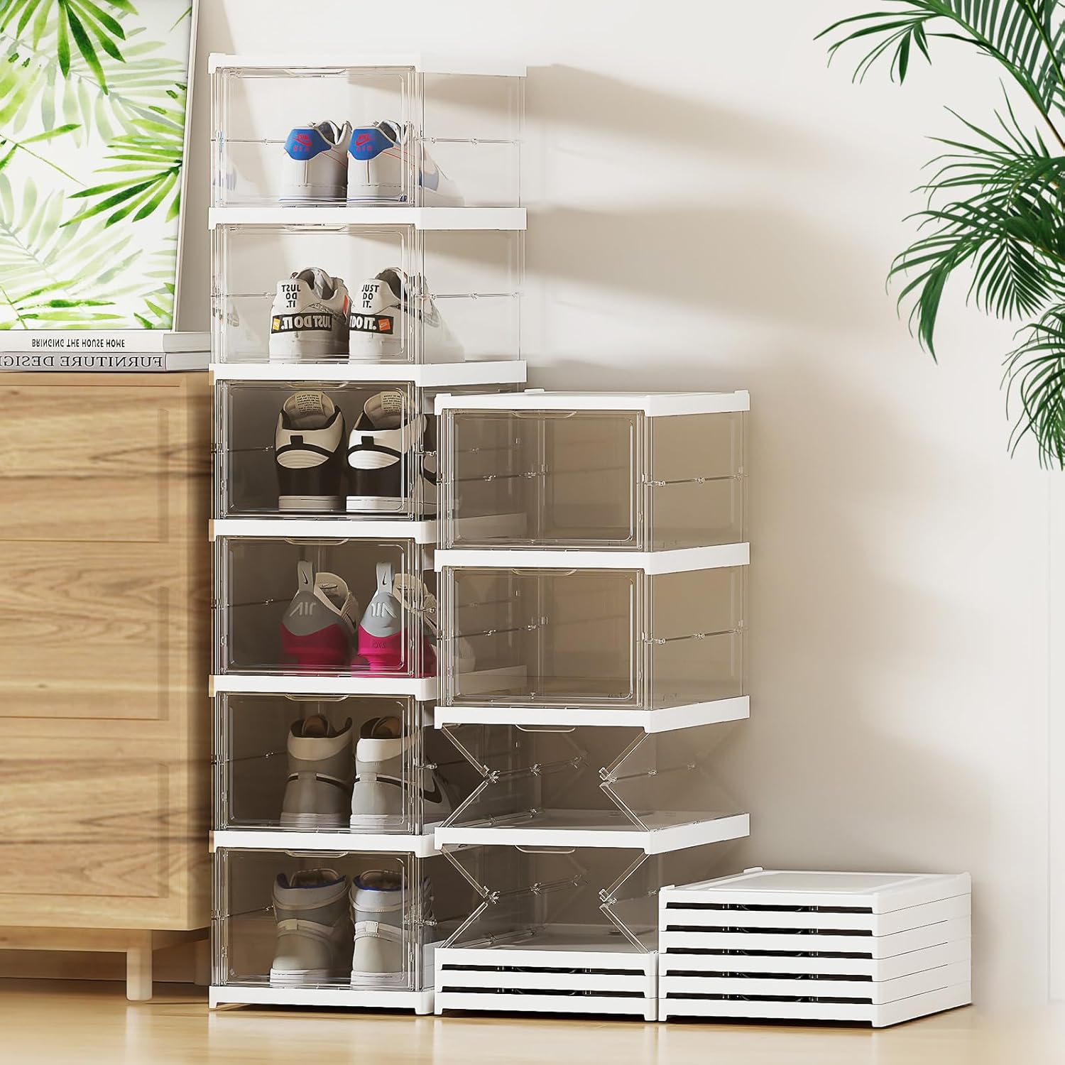 Cajas de almacenamiento de zapatos apilables transparentes, no requiere montaje, organizador de zapatos transparente con tapas, estante de plástico