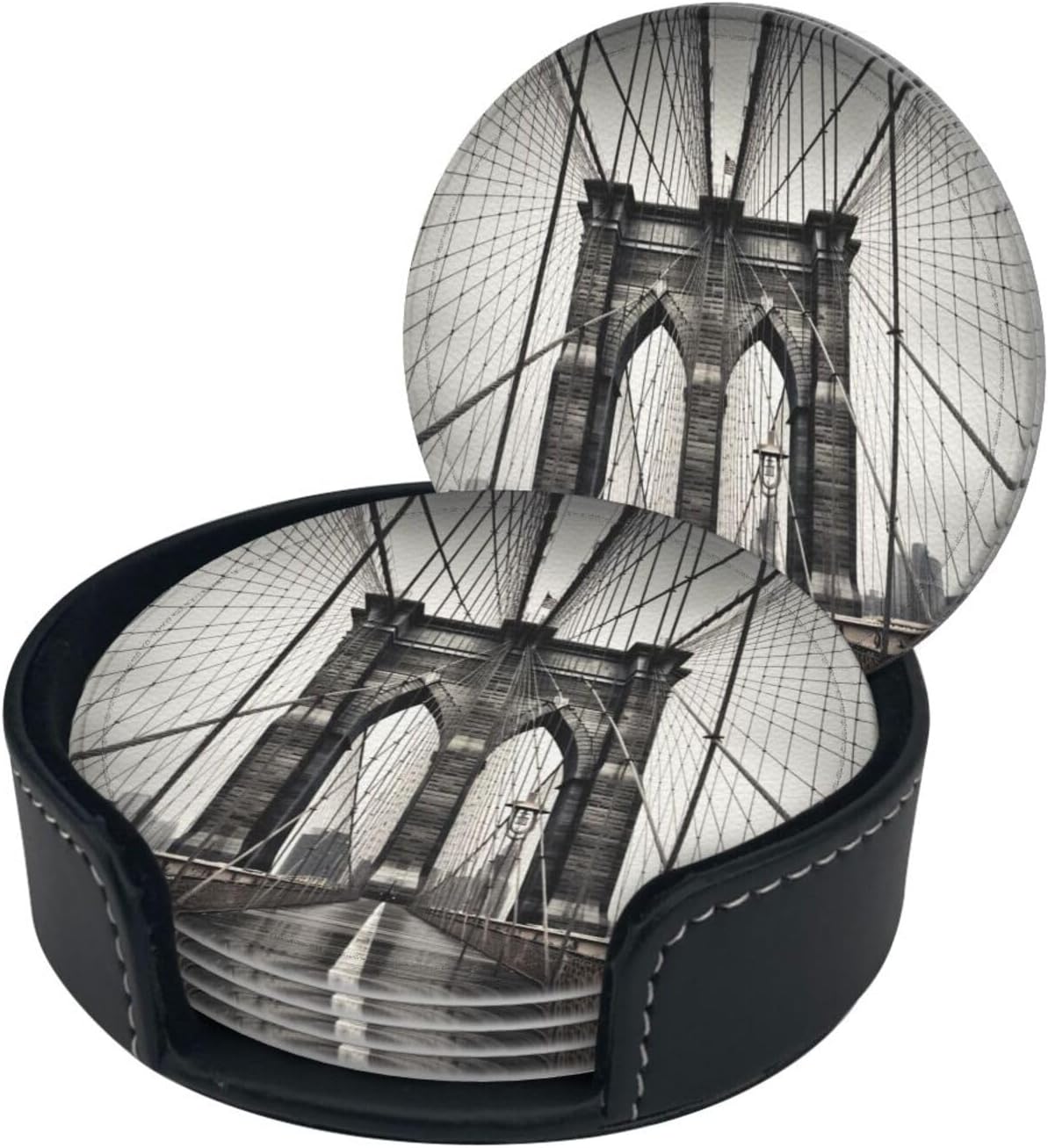 Brooklyn Bridge – Juego de 6 posavasos redondos de cuero para taza de café, café, hogar, bar, oficina, juego de 6