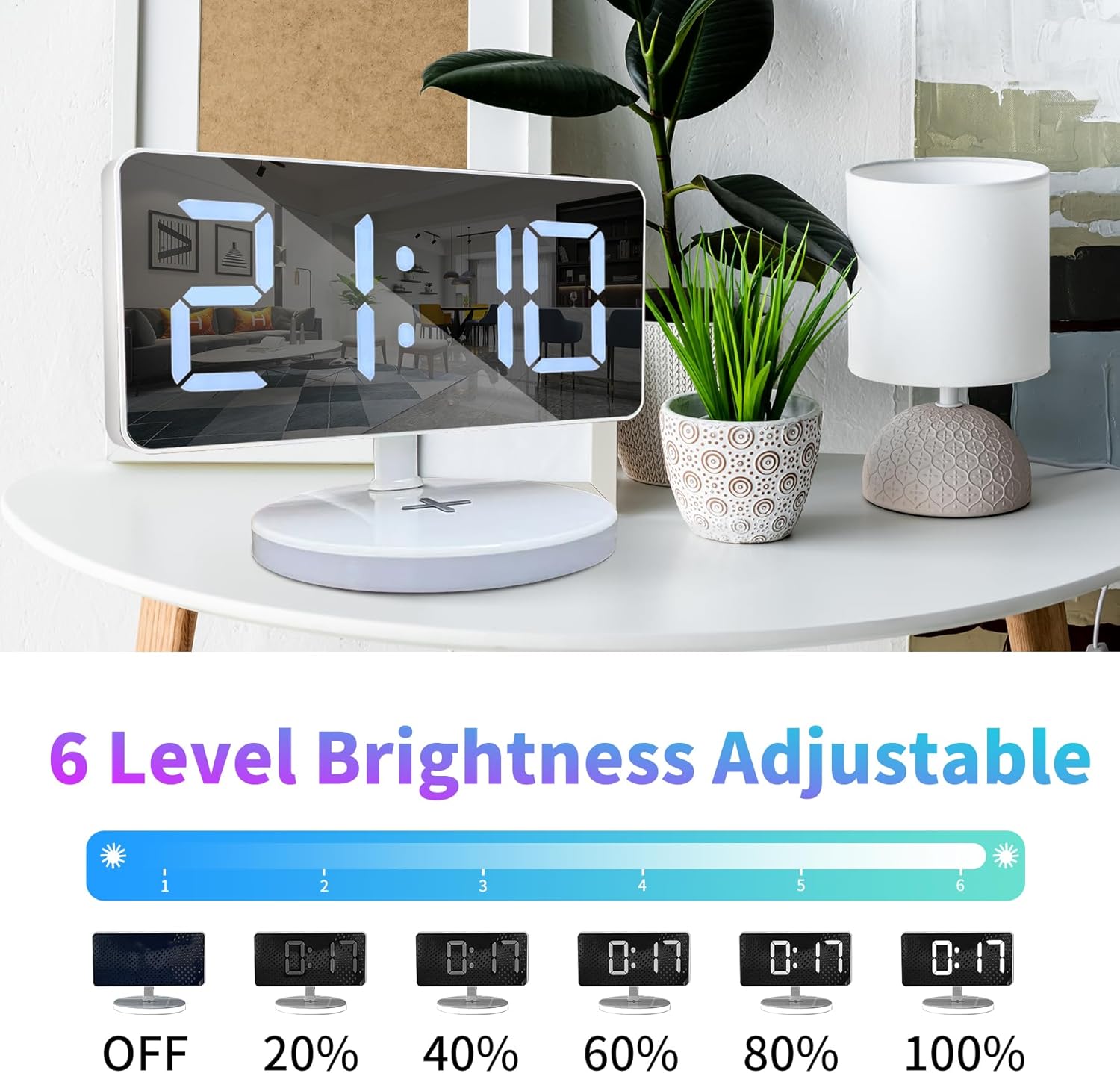 Reloj despertador digital con carga inalámbrica, espejo de escritorio, pantalla grande con luz RGB, alarma dual, repetición, cargador USB, atenuador