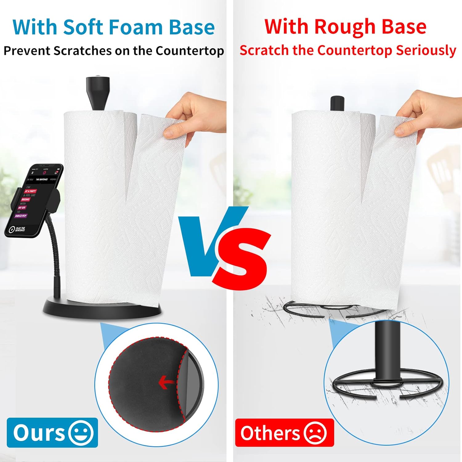 Toallero de papel negro multifunción para encimera con soporte para teléfono, soporte para toallas de papel fácil de rasgar con una mano con base