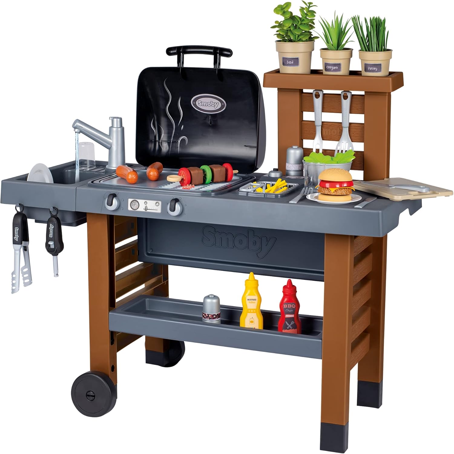 Smoby Cocina de jardín – Juego de 43 accesorios para exteriores, para niños a partir de 3 años, parrilla con llamas mágicas retráctiles, freidora y