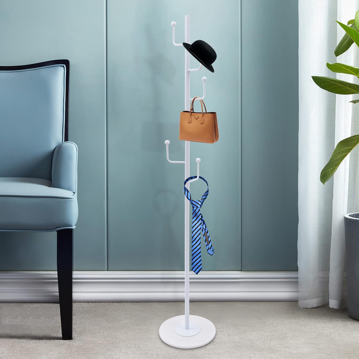 Soporte de metal moderno blanco de 67 pulgadas, para pasillo, perchero, árbol, con 6 ganchos, base estable de mármol, para entrada, pasillo, sala de