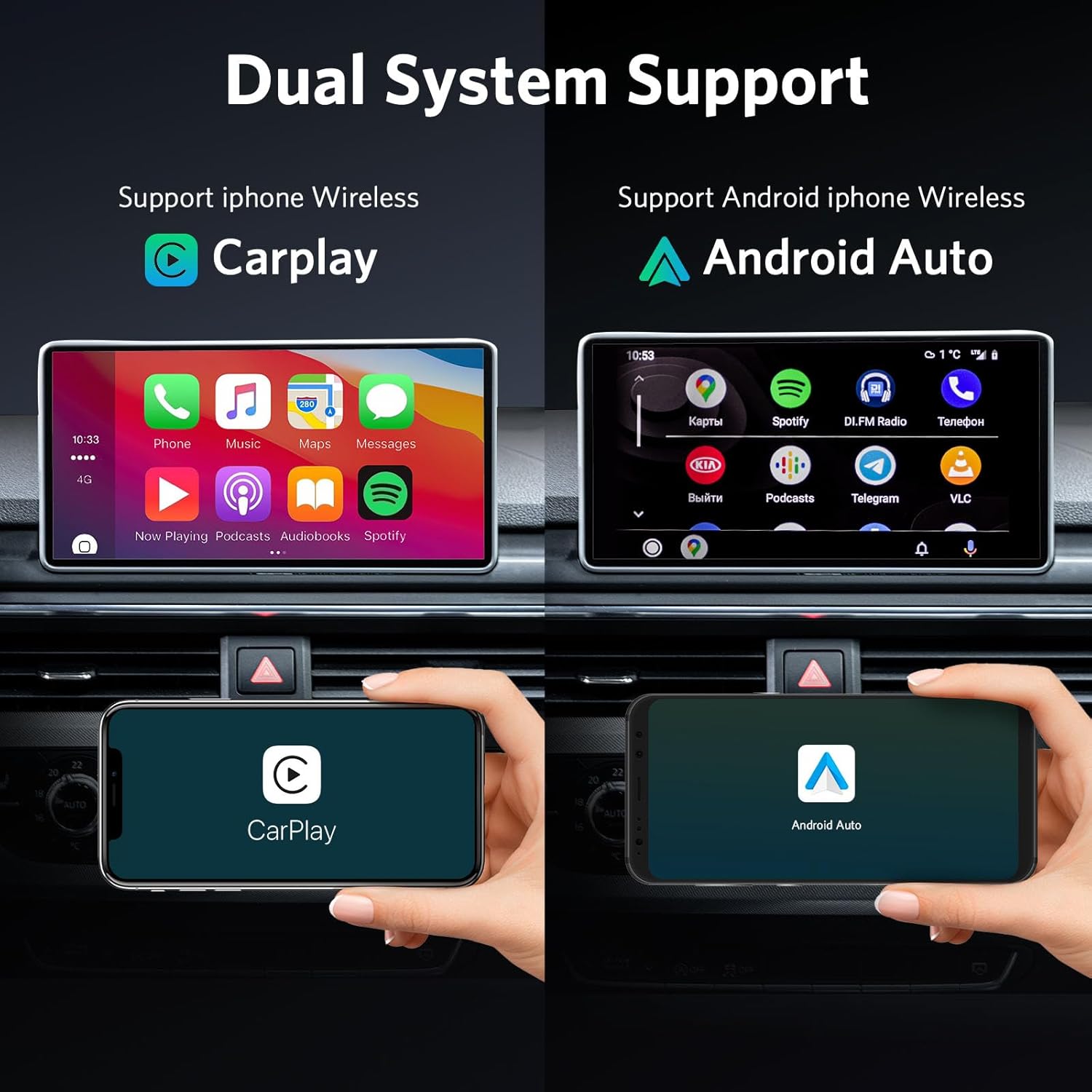 FitAlly Adaptador inalámbrico CarPlay – 2 en 1 Carplay inalámbrico y adaptador automático Android con tarjeta SD de Netflix YouTube, AI Box Lite