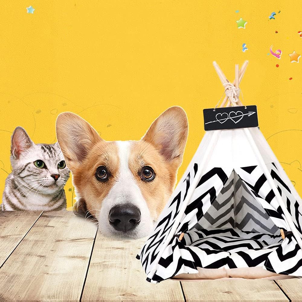 Tienda de campaña tipi para mascotas, para perros, cachorros, gatos, lona blanca, linda casa tipi para mascotas con cojín, 24 pulgadas, interior y