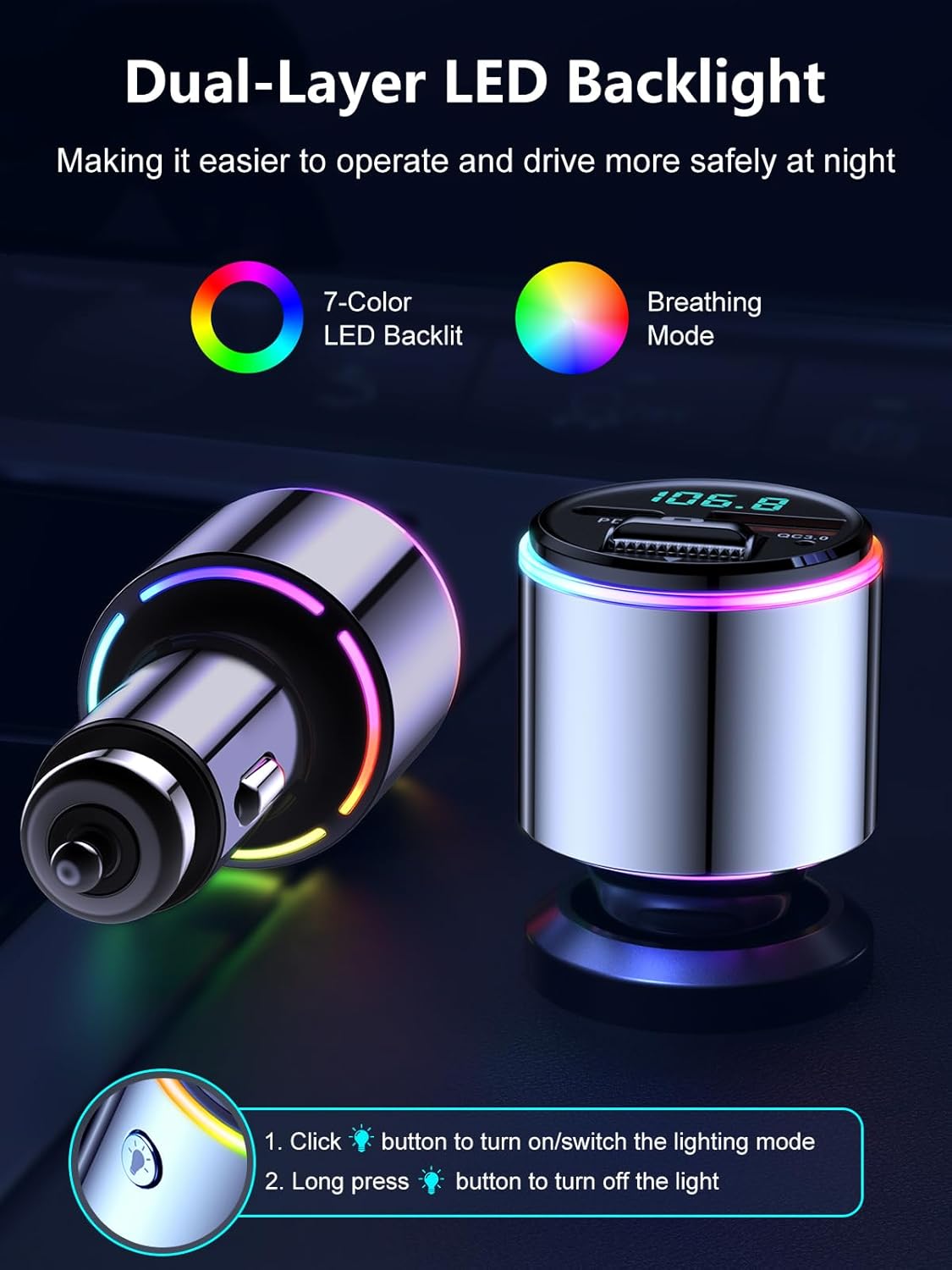 Transmisor FM Bluetooth 5.3 para coche, adaptador de radio FM inalámbrico Bluetooth para automóvil, QC3.0 18 W y cargador rápido tipo C PD 30 W,