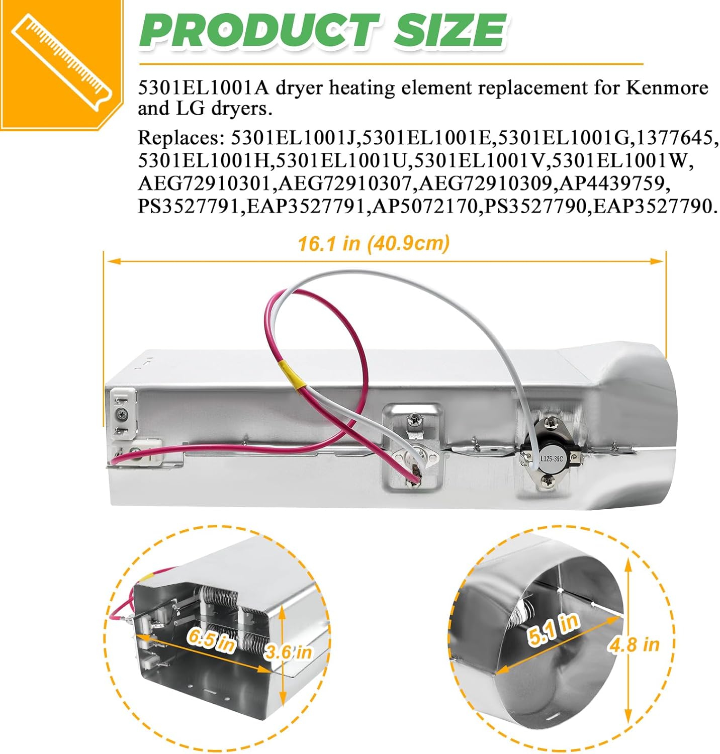 5301EL1001A Conjunto de elemento calefactor para secadora de Techecook- Apto para secadores Kenmore LG 5301EL1001H – Reemplaza 5301EL1001J