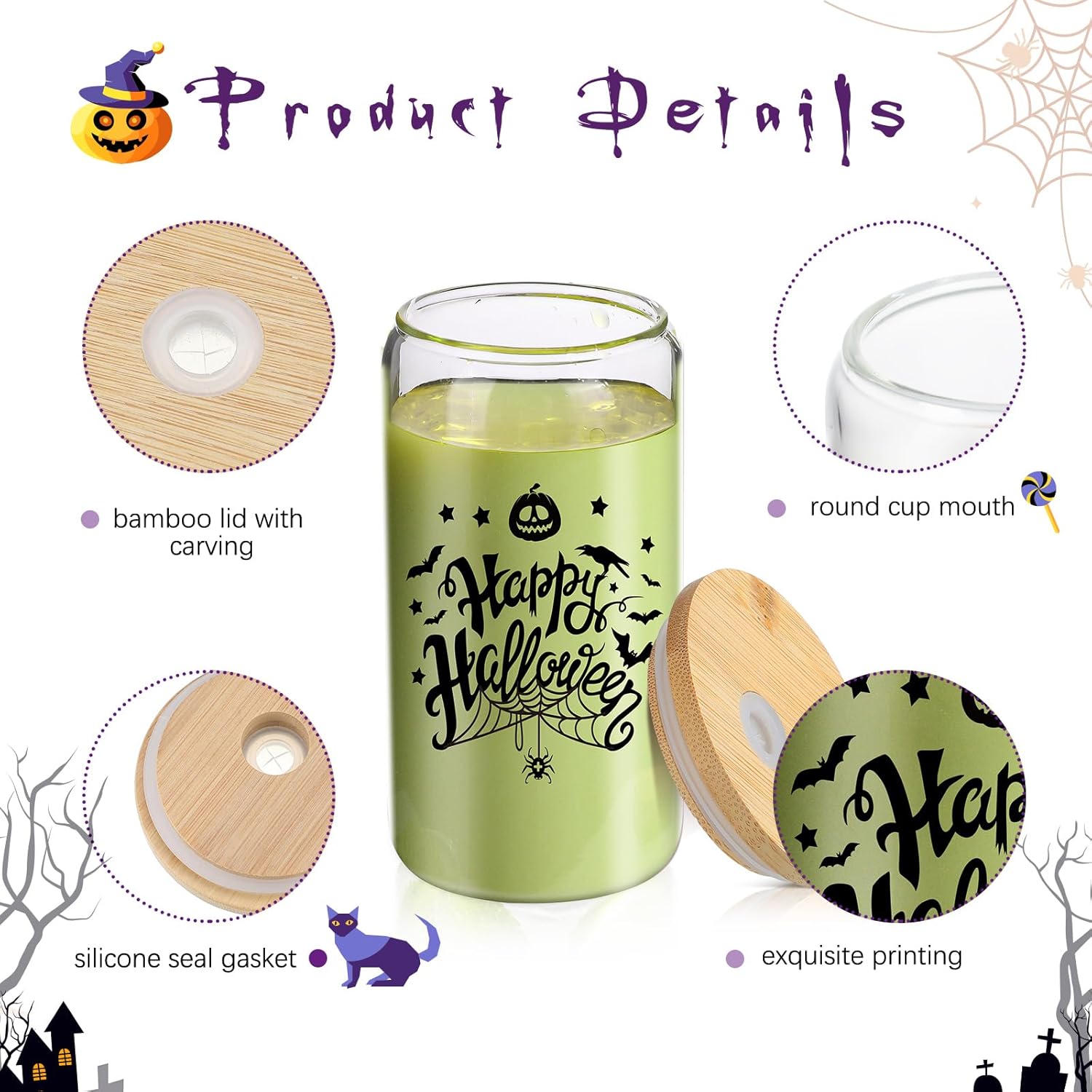 Paquete de 4 vasos de vidrio de Halloween de 16 onzas, tazas de Halloween, tarros de calabaza fantasma con tapas y pajitas, vasos con forma de lata