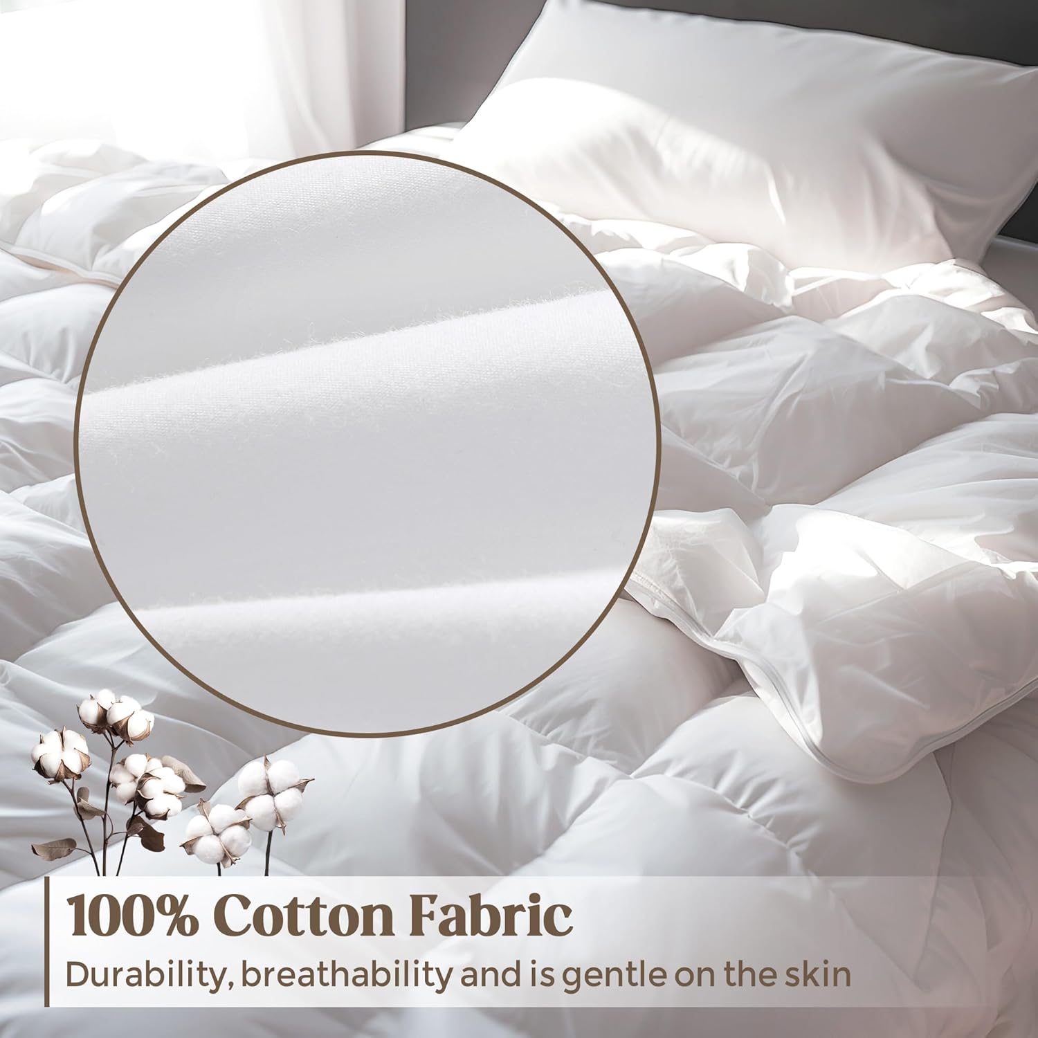 Edredón de plumas ligero para todas las estaciones, tamaño individual, edredón de cama de hotel con funda 100% algodón, edredón blanco suave