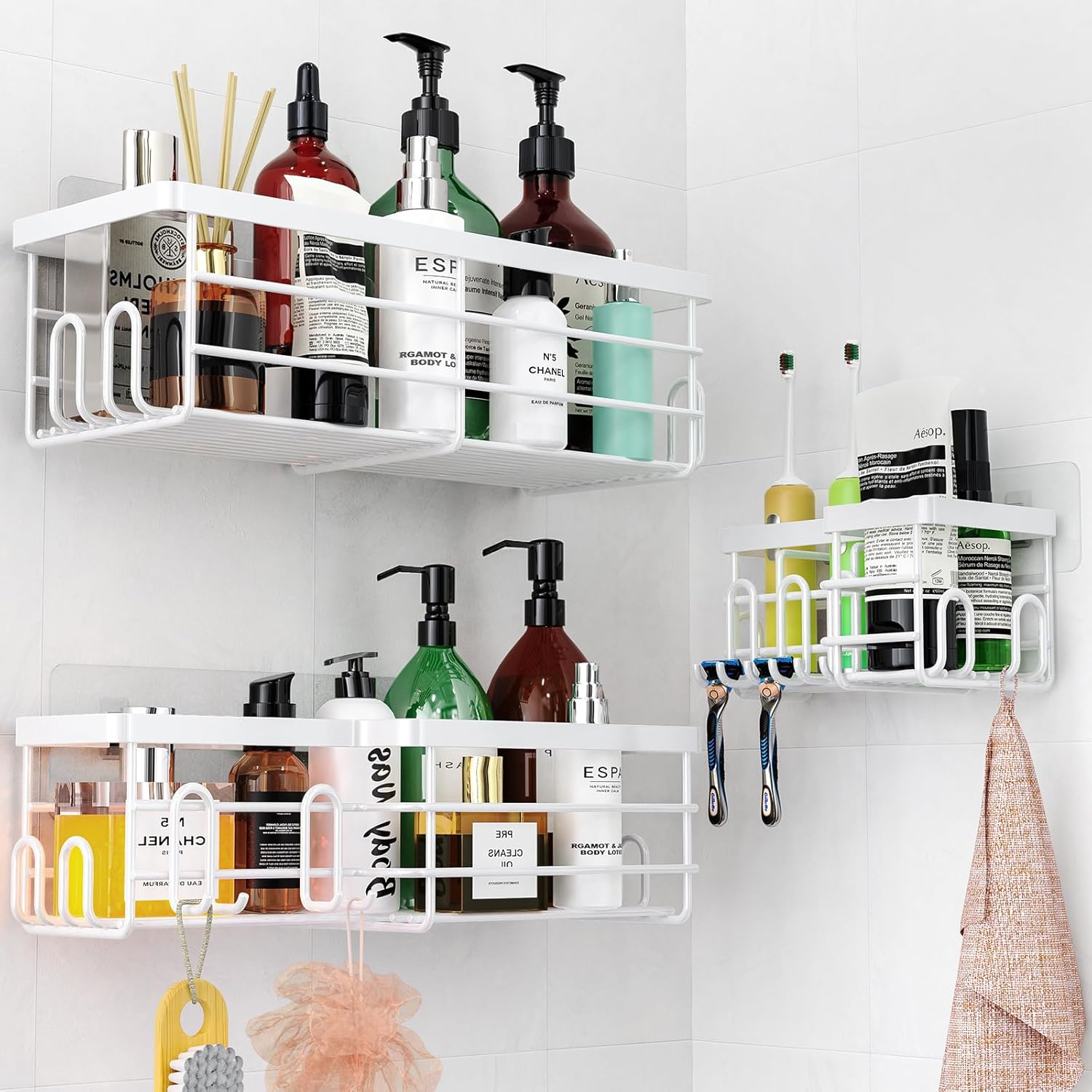 Uamector Estantes de ducha con fuerte adhesivo para ducha interior con 17 ganchos, organizador de pared para baño, baño, inodoro, cocina y