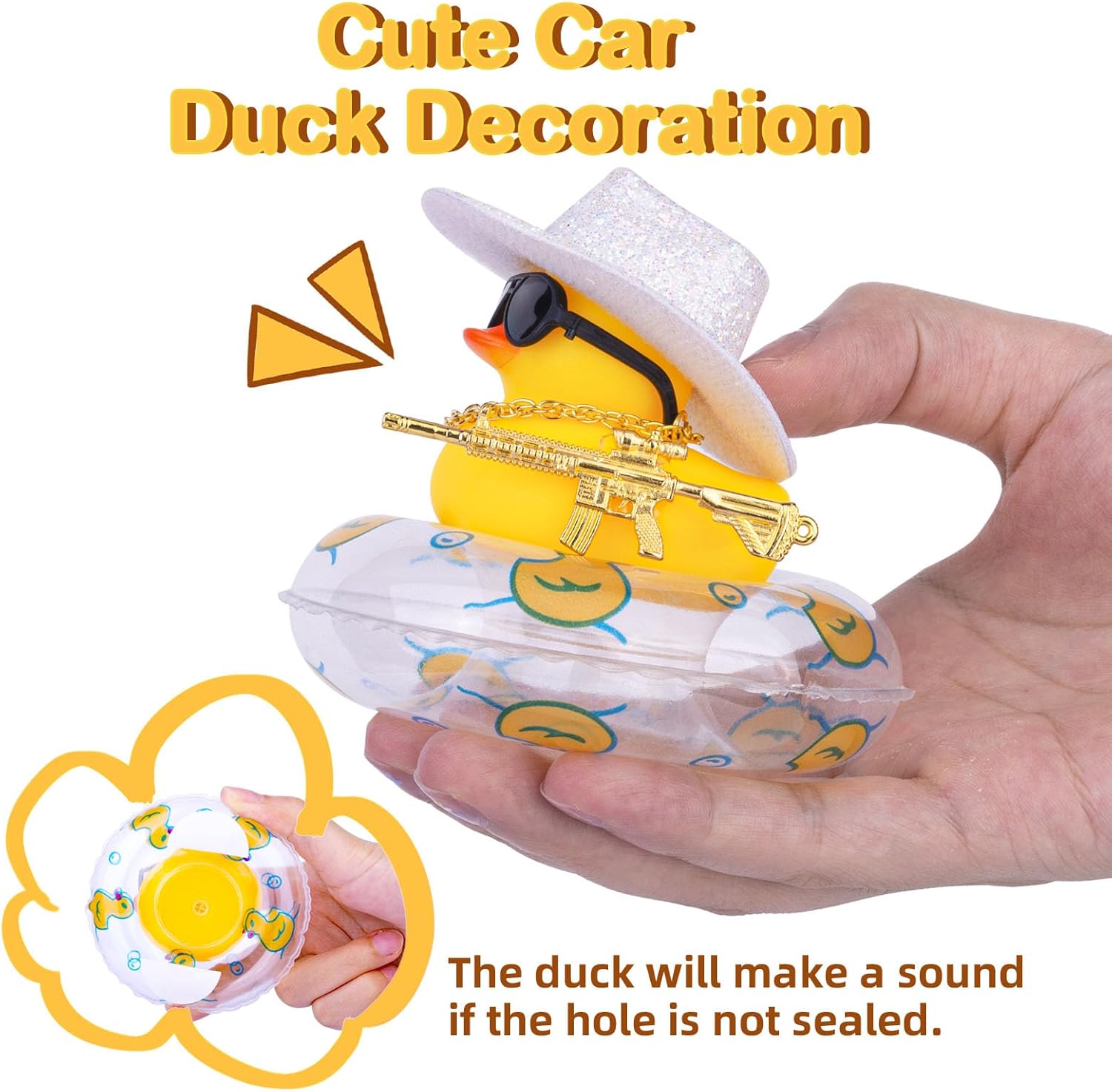 Tablero de instrumentos de decoración de pato de automóvil, accesorios de adorno de tablero de automóvil con mini sombrero de vaquero con purpurina,
