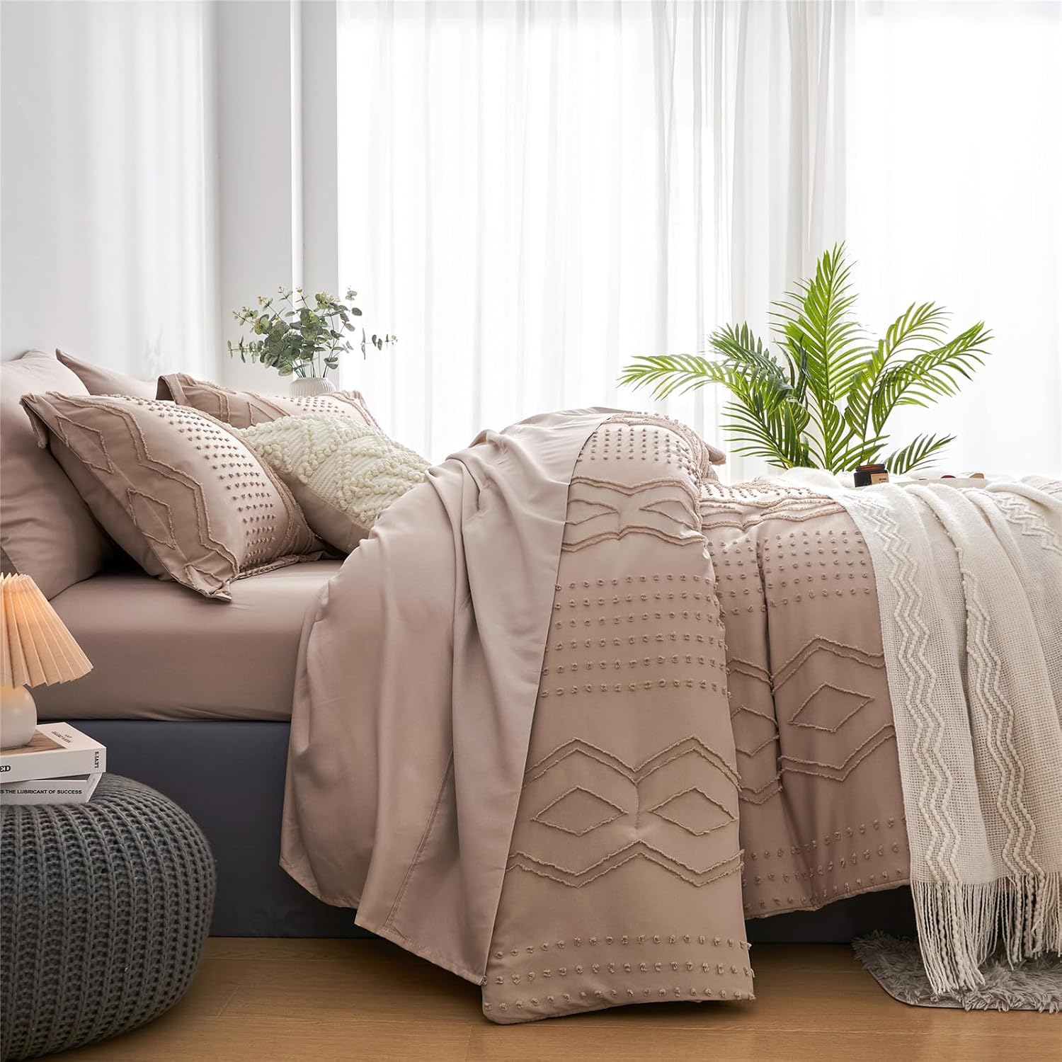 Juego de edredón tamaño King de 7 piezas de ropa de cama bohemia en una bolsa, juego de ropa de cama con textura geométrica, juego de ropa de cama
