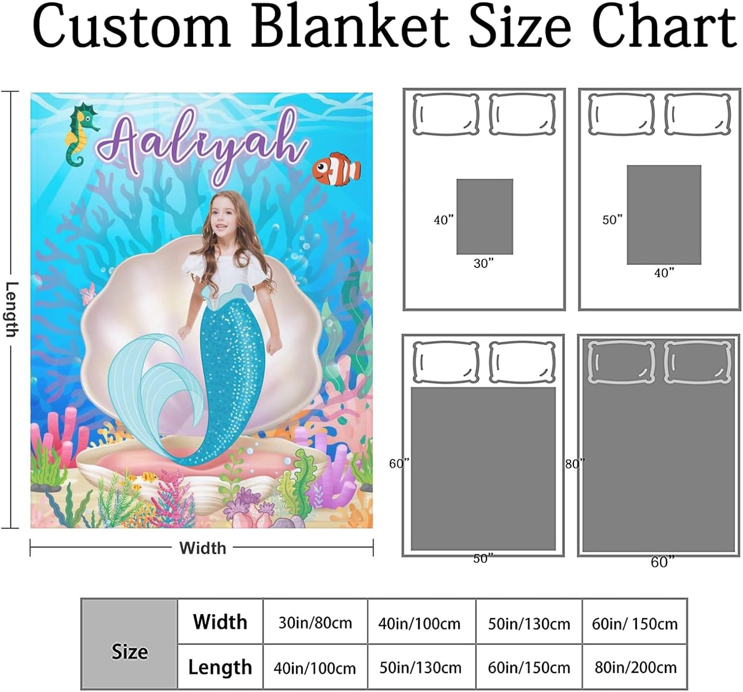Artsadd Manta personalizada con nombre para niños, manta de foto personalizada, regalos de sirena para niñas, manta personalizada de sirena para