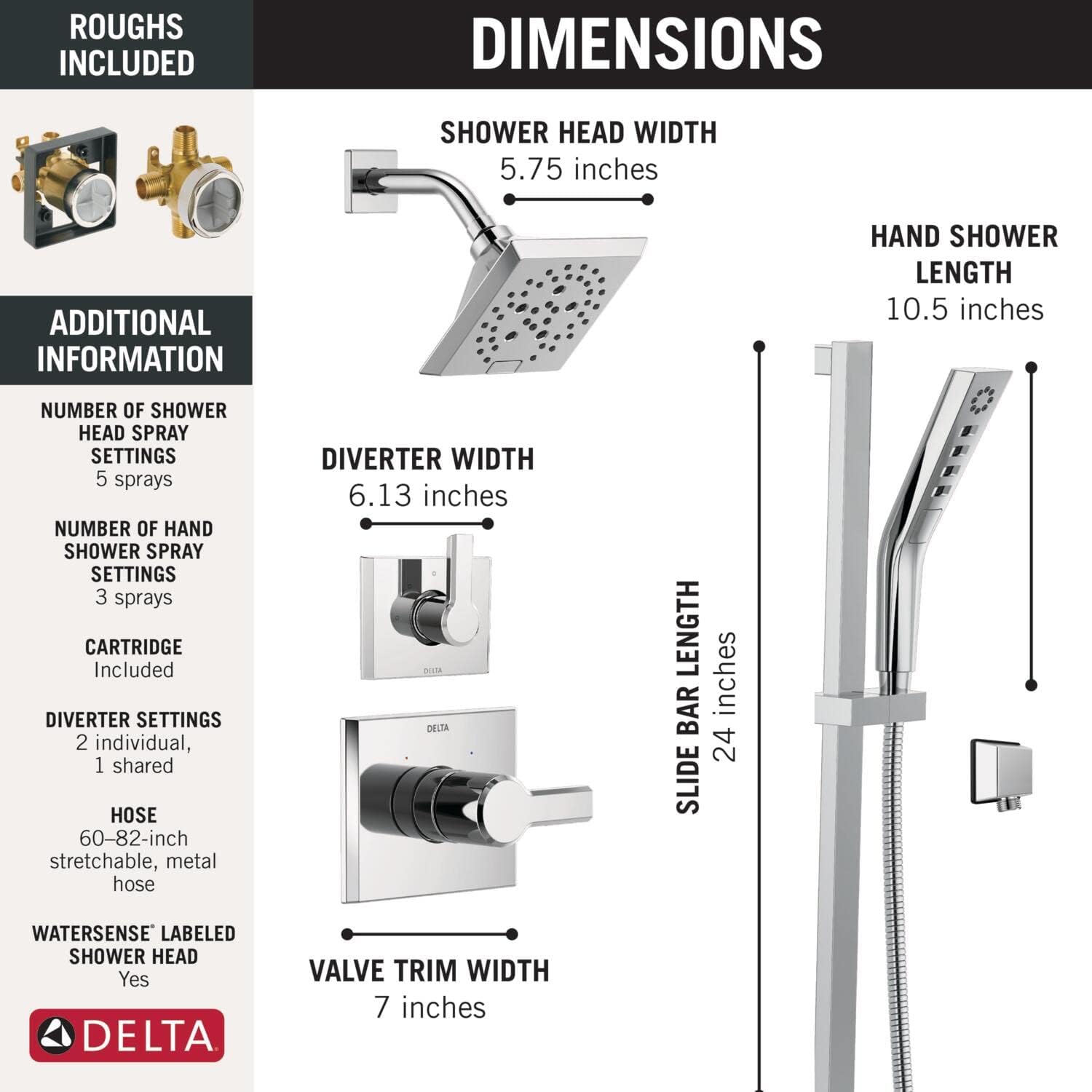 Delta Faucet Sistema de ducha cromado pivotal de 3 ajustes, incluye cabezal de ducha cromado, barra deslizante, mango de ducha, desviador de ducha y