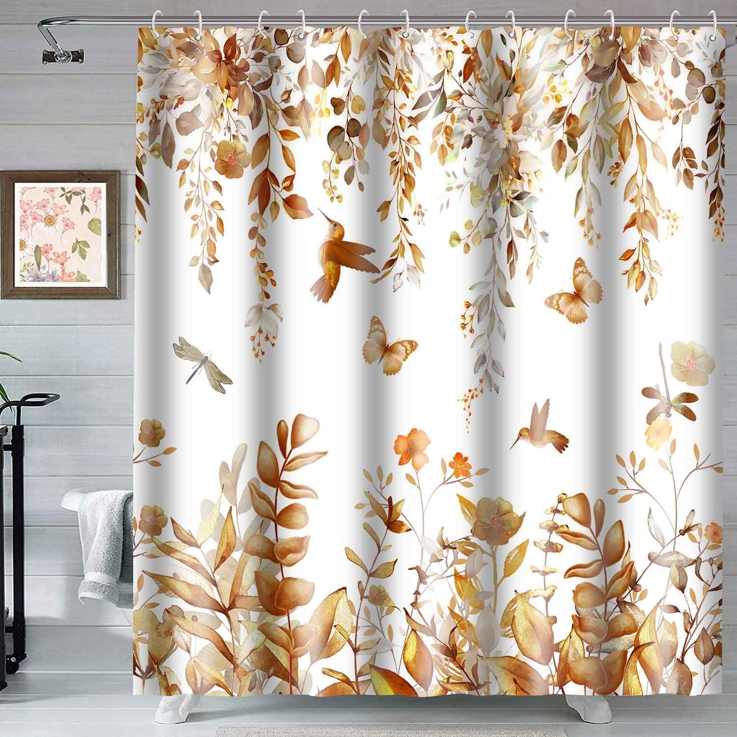 Cortina de ducha de hojas de eucalipto amarillas, acuarela floral, hojas de otoño, flores, colibrí, pájaro, mariposa, granja, juego de cortinas de