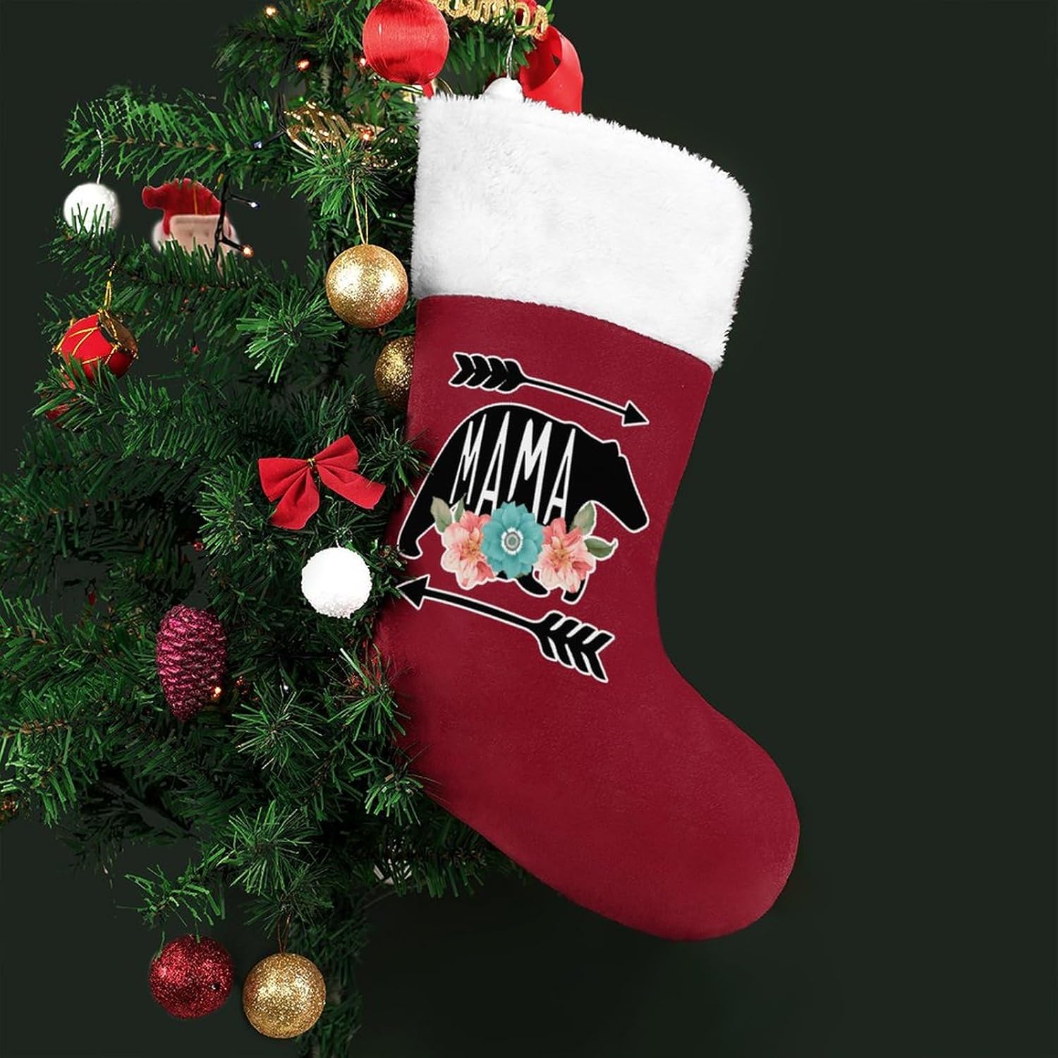 Calcetines de Navidad personalizados con diseño de mamá oso para chimenea, decoración de fiestas navideñas
