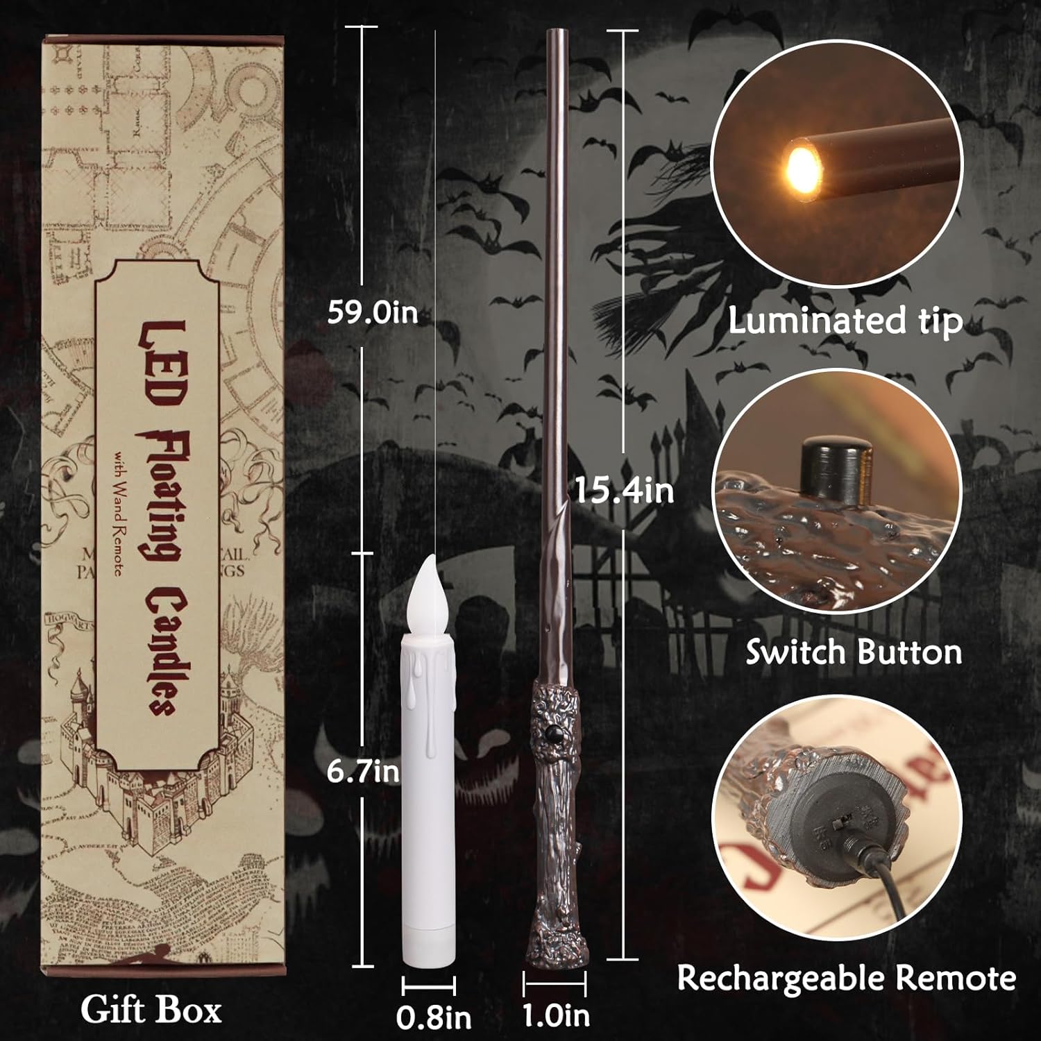 16 velas flotantes con control remoto de varita mágica, velas cónicas sin llama de 6.7 pulgadas, velas LED colgantes de Halloween, velas de ventana