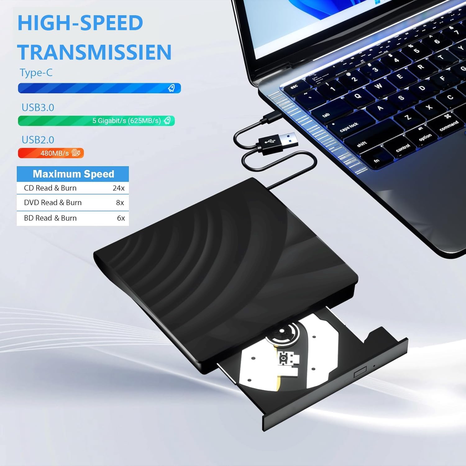 Unidad Blu Ray externa, unidades Bluray portátiles lector de CD DVD BD, USB 3.0 Tipo-C delgado óptico CDDVD Blu Ray quemador para MacBook Laptop PC