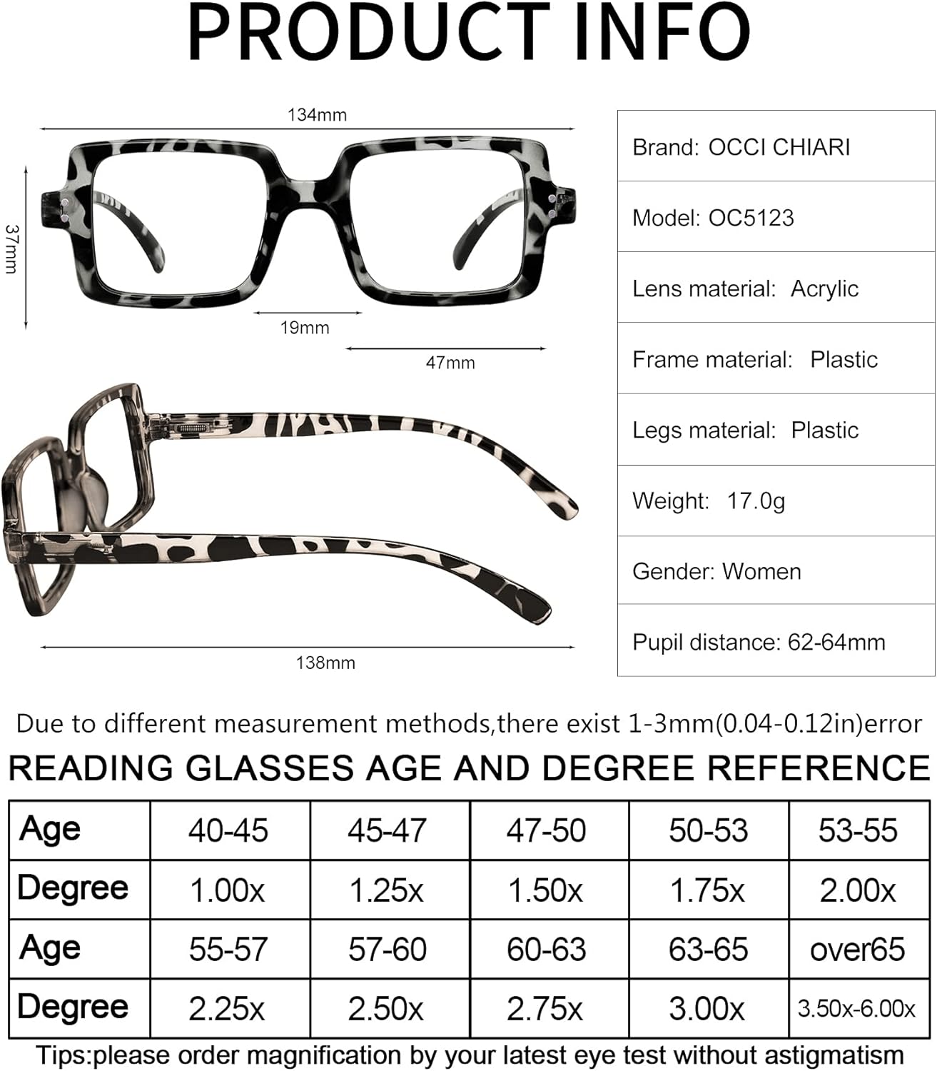 OCCI CHIARI Gafas de lectura Funky Readers 1.25 Diptor para mujer marco grueso (1.0 1.25 1.5 1.75 2.0 2.25 2.5 2.75 3.0 3.5 4.0 5.0 6.0)