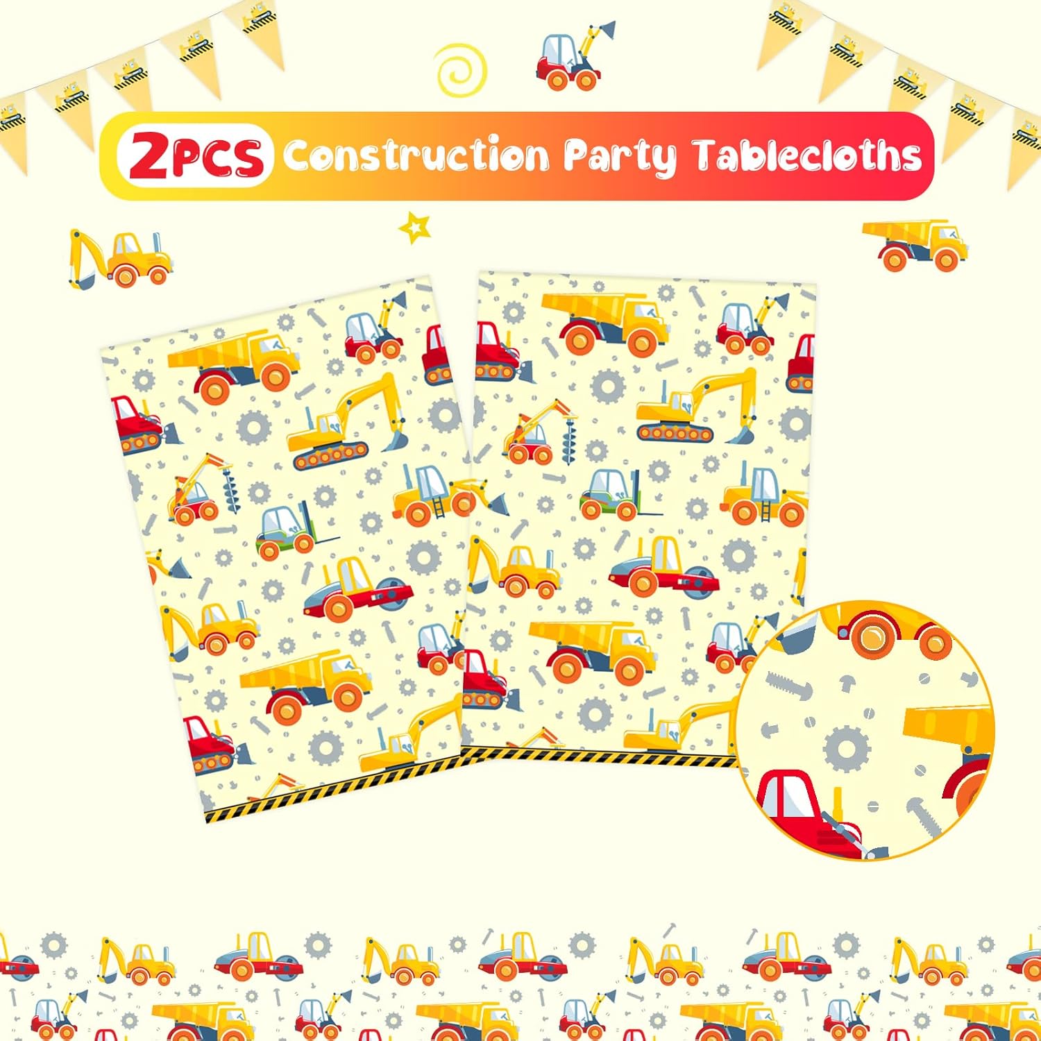 FunHot Manteles de construcción, 2 fundas de mesa de construcción amarillas, 54 x 108 pulgadas, manteles rectangulares de vehículos de construcción