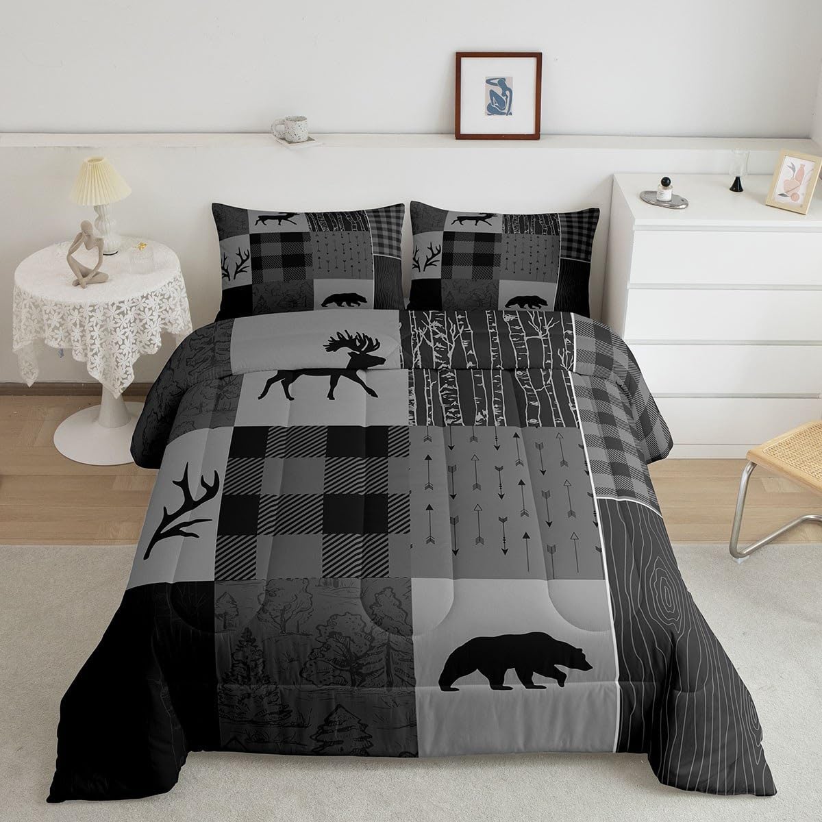 Castle Fairy Juego de edredón de ciervos con cuernos de ciervo, juego de ropa de cama tamaño individual, juego de ropa de cama de caza con flechas