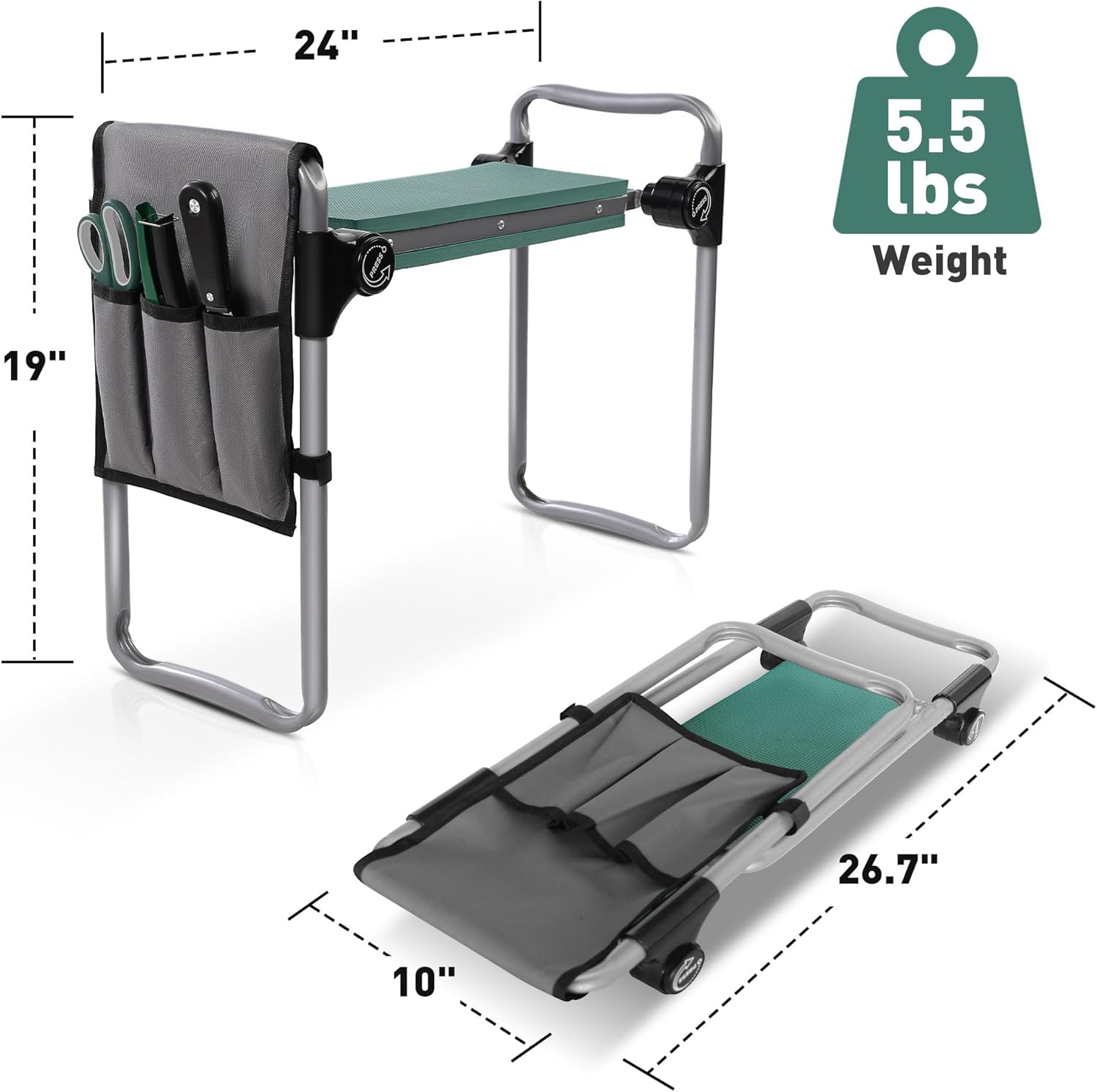 Rodillero y asiento de jardín con almohadilla de EVA suave, diseño de botón de presión, plegable y ligero, taburete de jardín con bolsa de