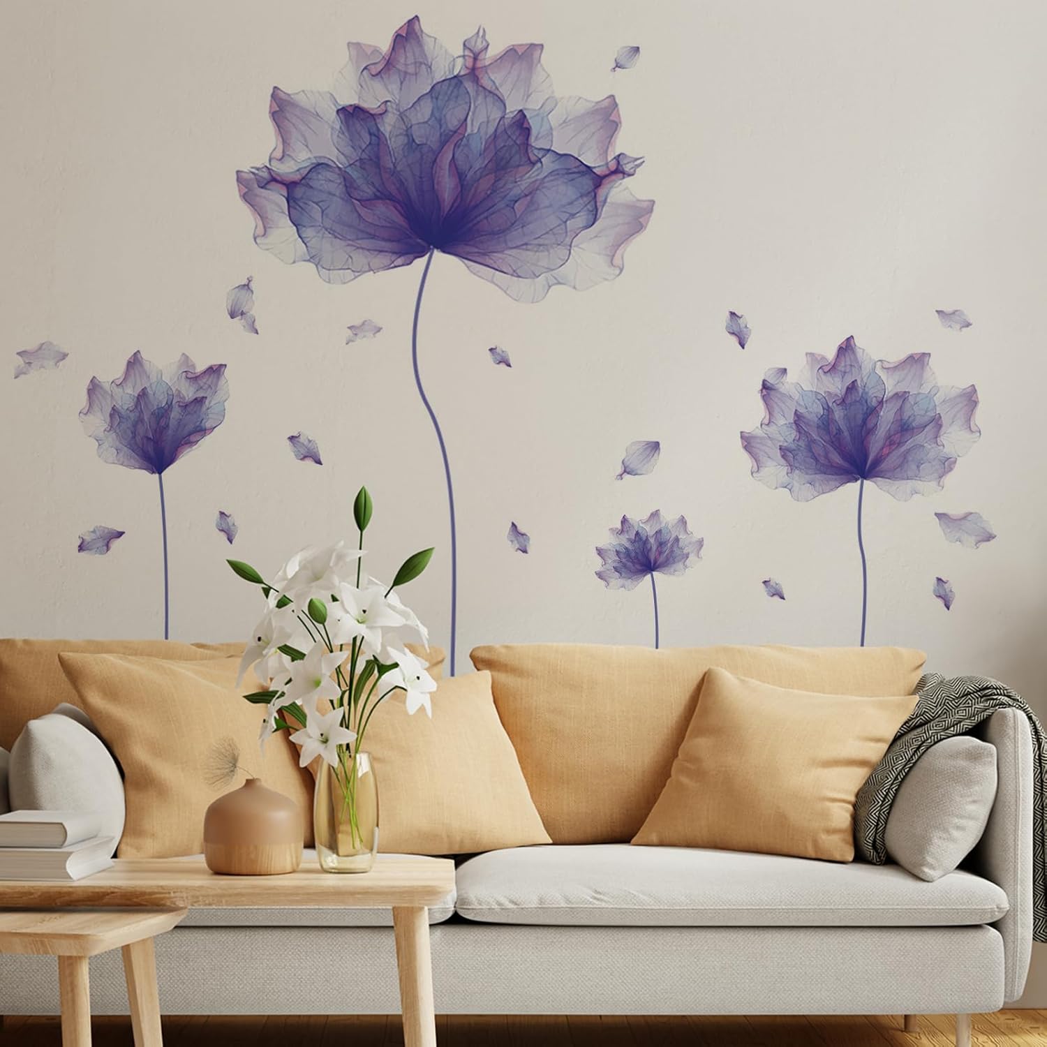 Calcomanías de pared de flores moradas, murales para dormitorio, oficina, baño, sala de estar, calcomanías de pared florales extraíbles, decoración