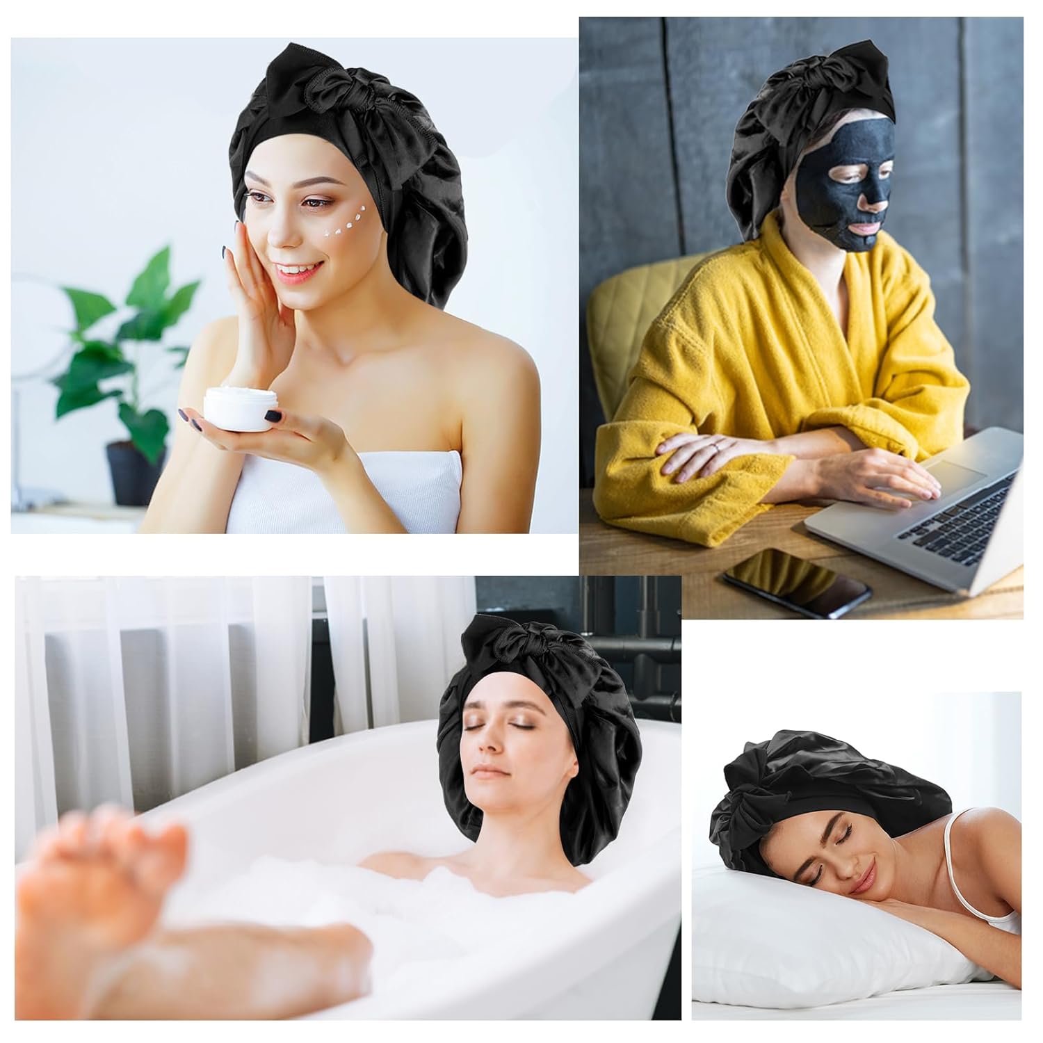 Arqumi Paquete de 2 gorros de satén para dormir, gorro de dormir grande de satén con correa larga elástica, gorro de dormir ajustable para mujeres y