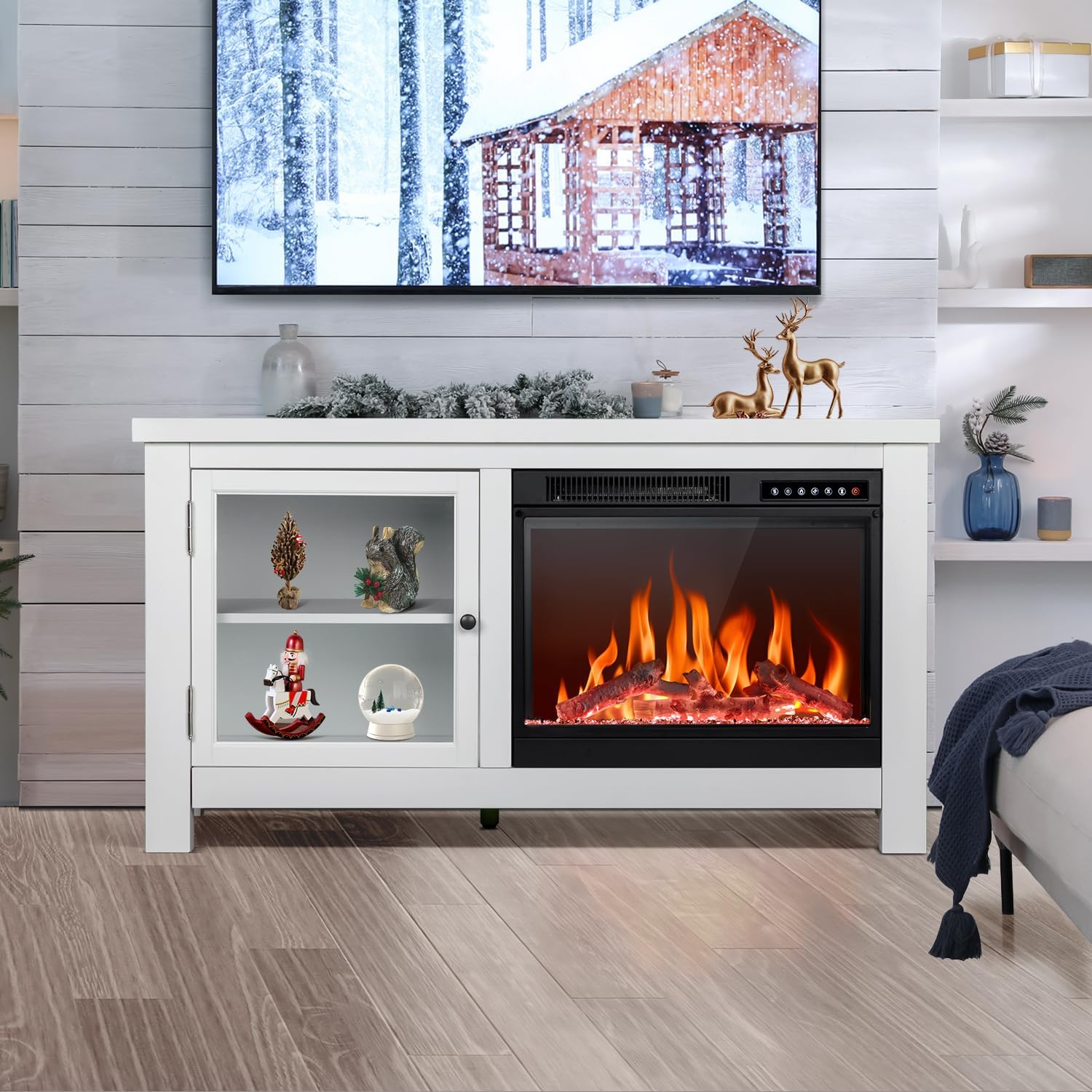 R.W.FLAME Soporte de TV con chimenea para TV de 60 pulgadas, moderno centro de entretenimiento con chimenea eléctrica de 23 pulgadas, muebles