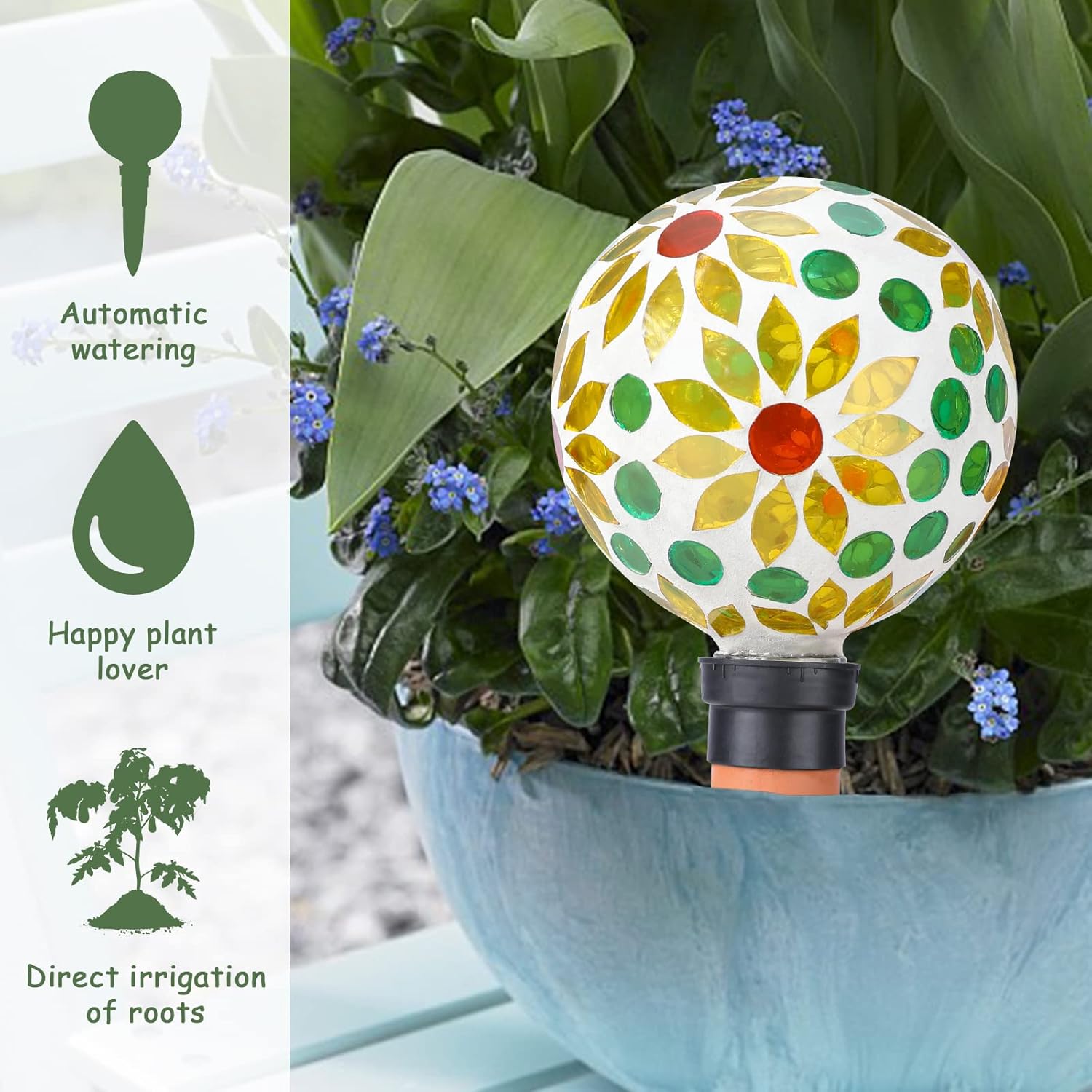 Globos de riego de plantas, picos de riego automático de mosaico, paquete de 2 para plantas de interior y exterior, dispositivos de riego automático