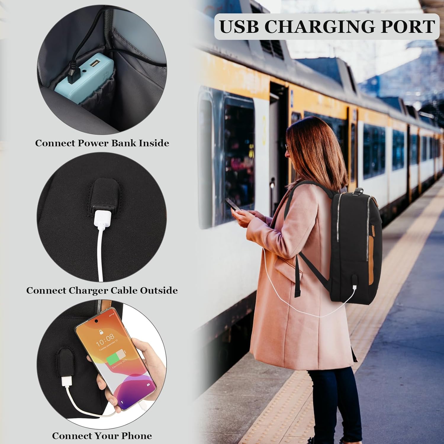 Hp hope Mochila para laptop, mochila de viaje para mujeres y hombres con puerto de carga USB y tipo C, Negro Actualización