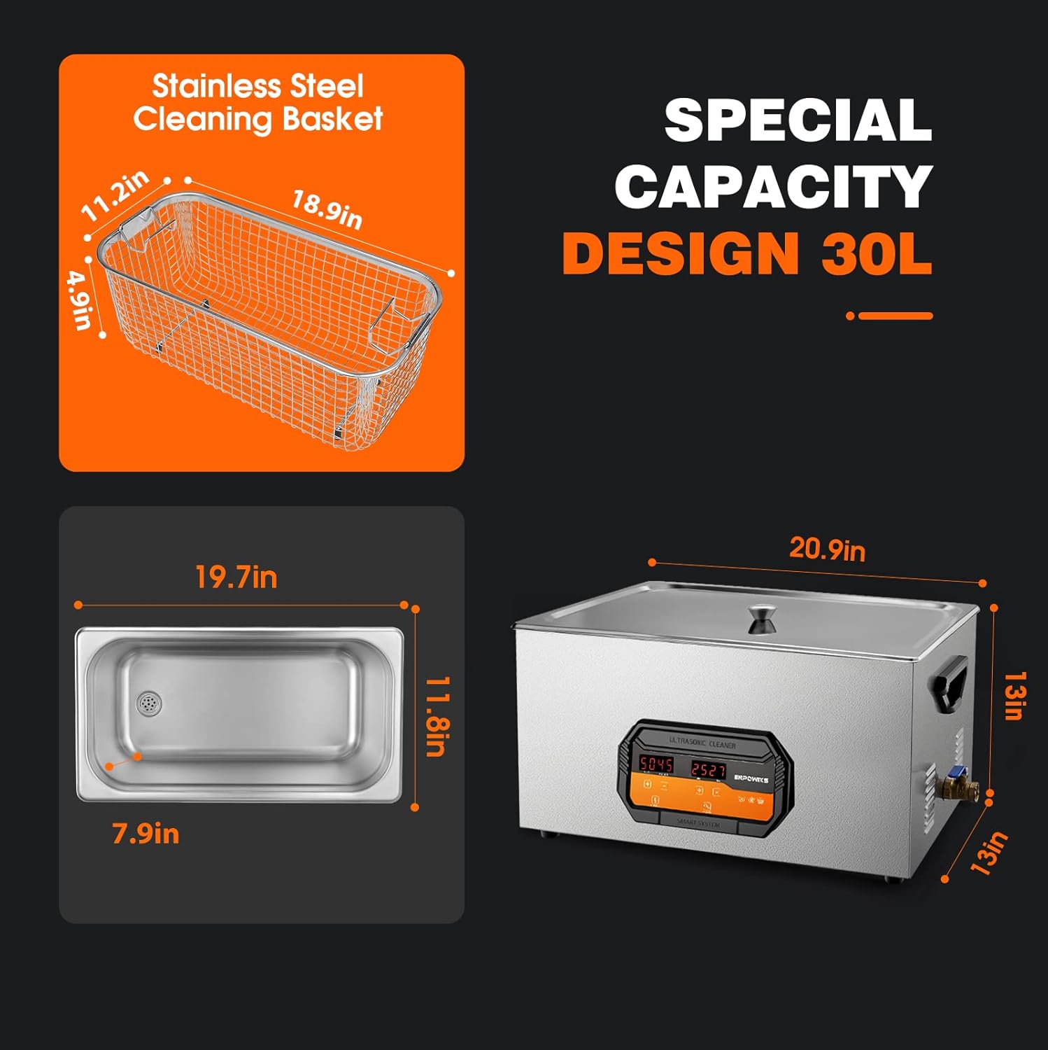 Limpiador ultrasónico profesional de 30L, 600W limpiador ultrasónico de piezas con temporizador de calentador, máquina de limpieza ultrasónica de 40