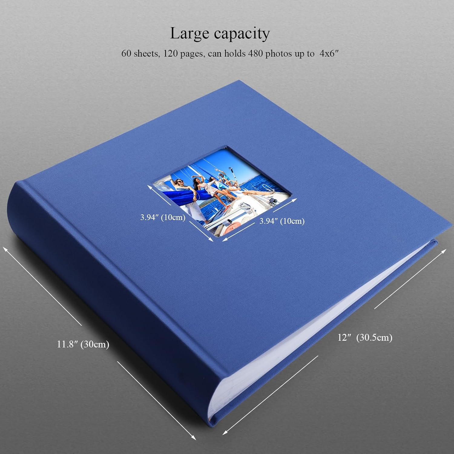 1DOT2 Álbum de fotos azul con espacio de escritura, 120 páginas para 3 x 5, 4 x 6, 5 x 7, 6 x 8, 8 x 10, cubierta de lino con ventana, libro de