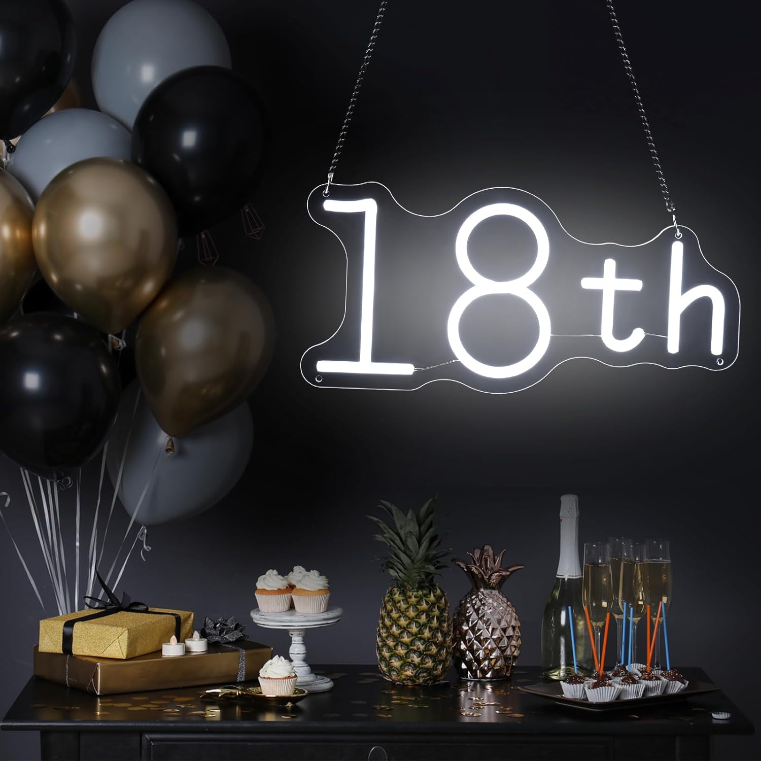 Letrero de neón de feliz cumpleaños para decoración de pared, decoración de cumpleaños de 16, 18, 50, letrero LED con cadenas colgantes para telón