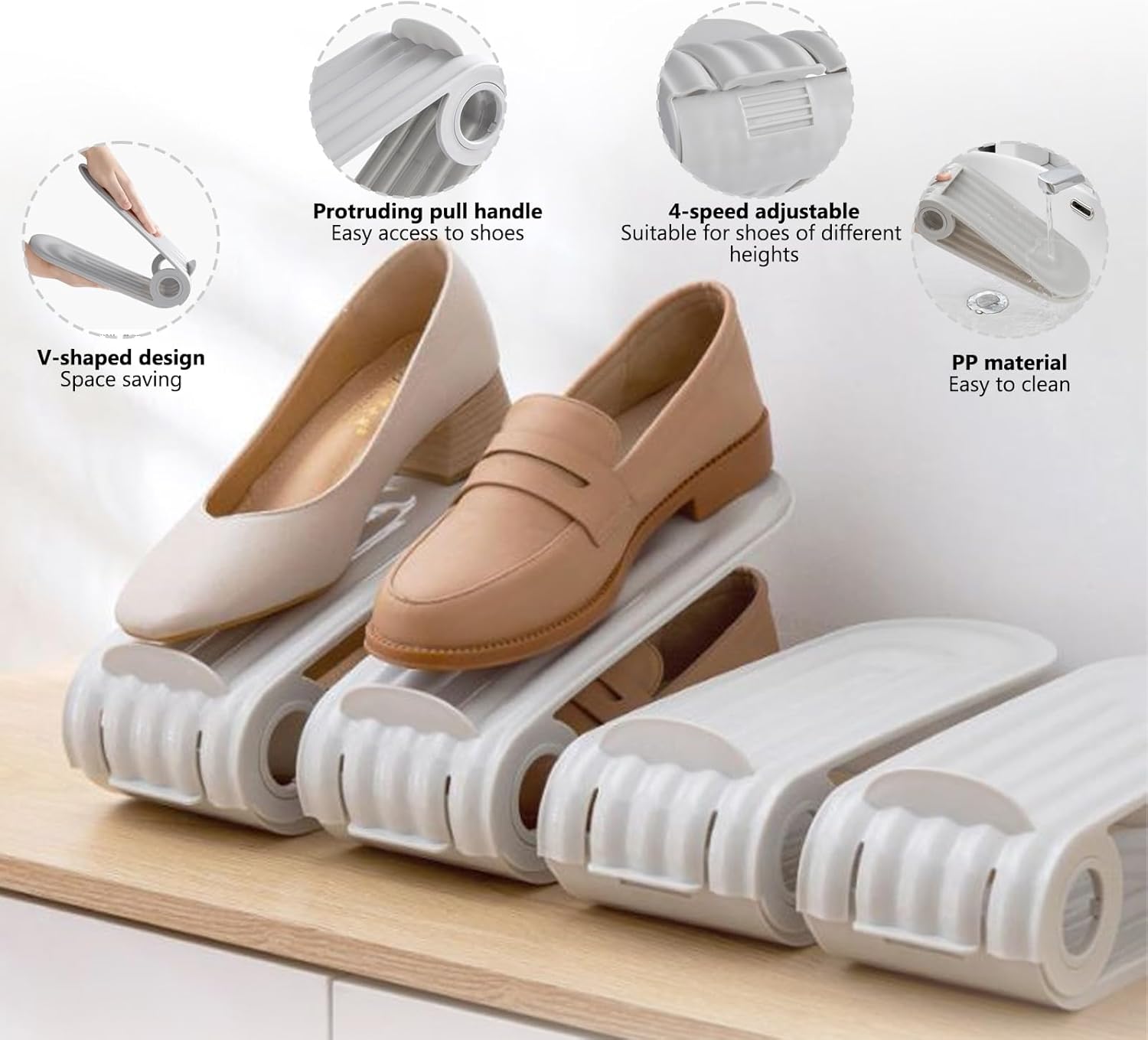 Paquete de 8 ranuras para zapatos, apilador de zapatos ajustable de doble capa, diseño de altura ajustable en cuatro posiciones, soporte apilador de