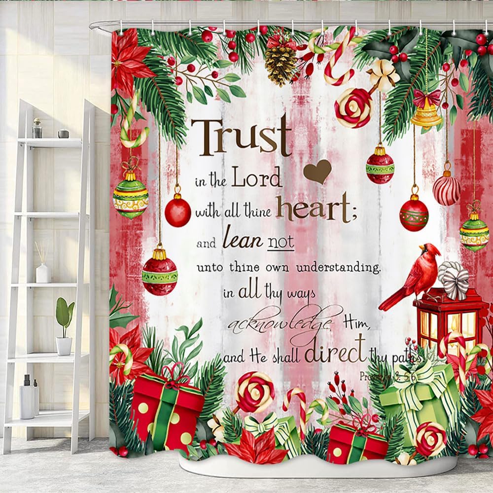 Juego de cortinas de ducha de Navidad de invierno, lindo árbol de Navidad para niños, citas inspiradoras que confían en el Señor, cortinas de ducha
