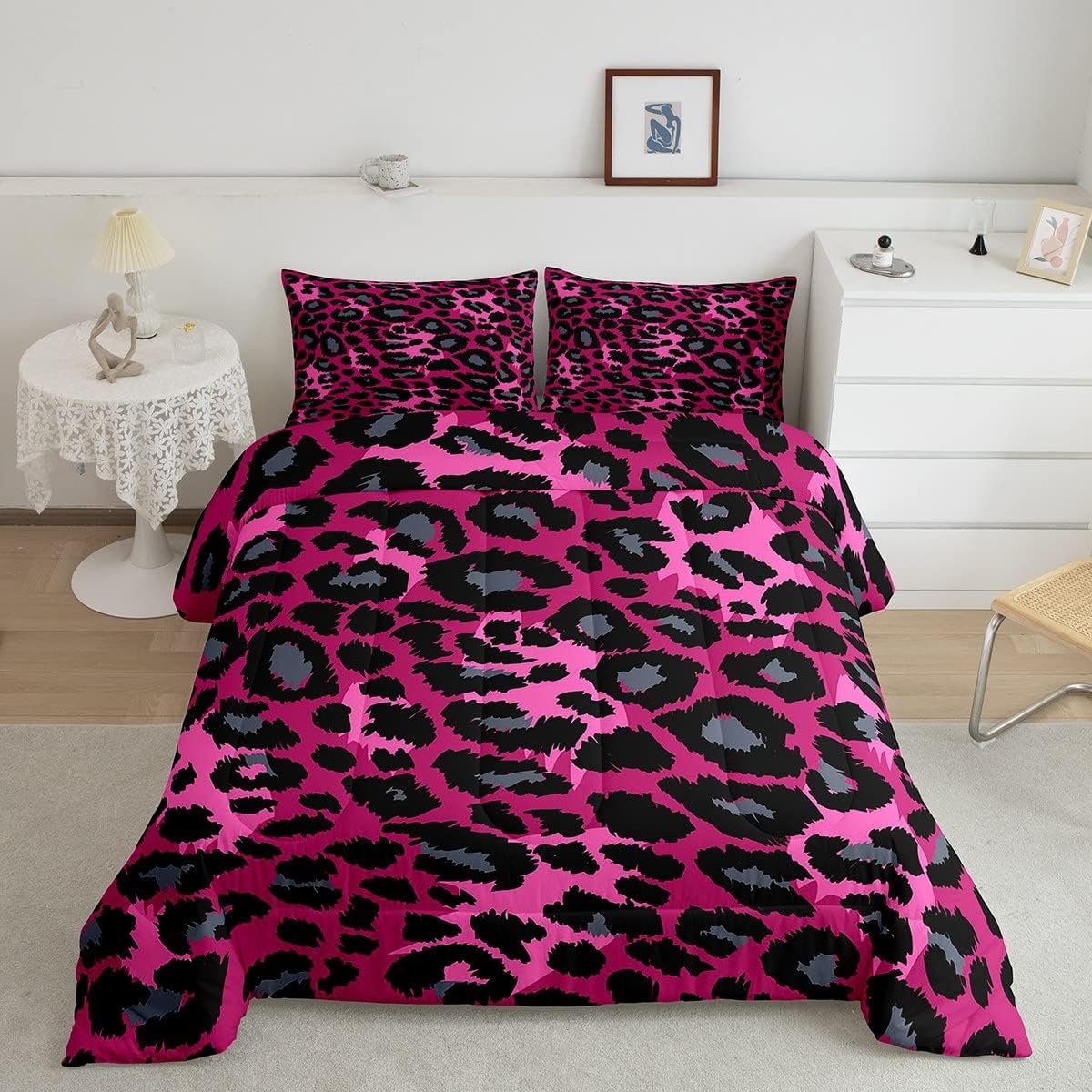 Erosebridal Juego de edredón de safari individual, estampado de leopardo y guepardo sobre edredón de plumón rosa con 1 funda de almohada para niños,