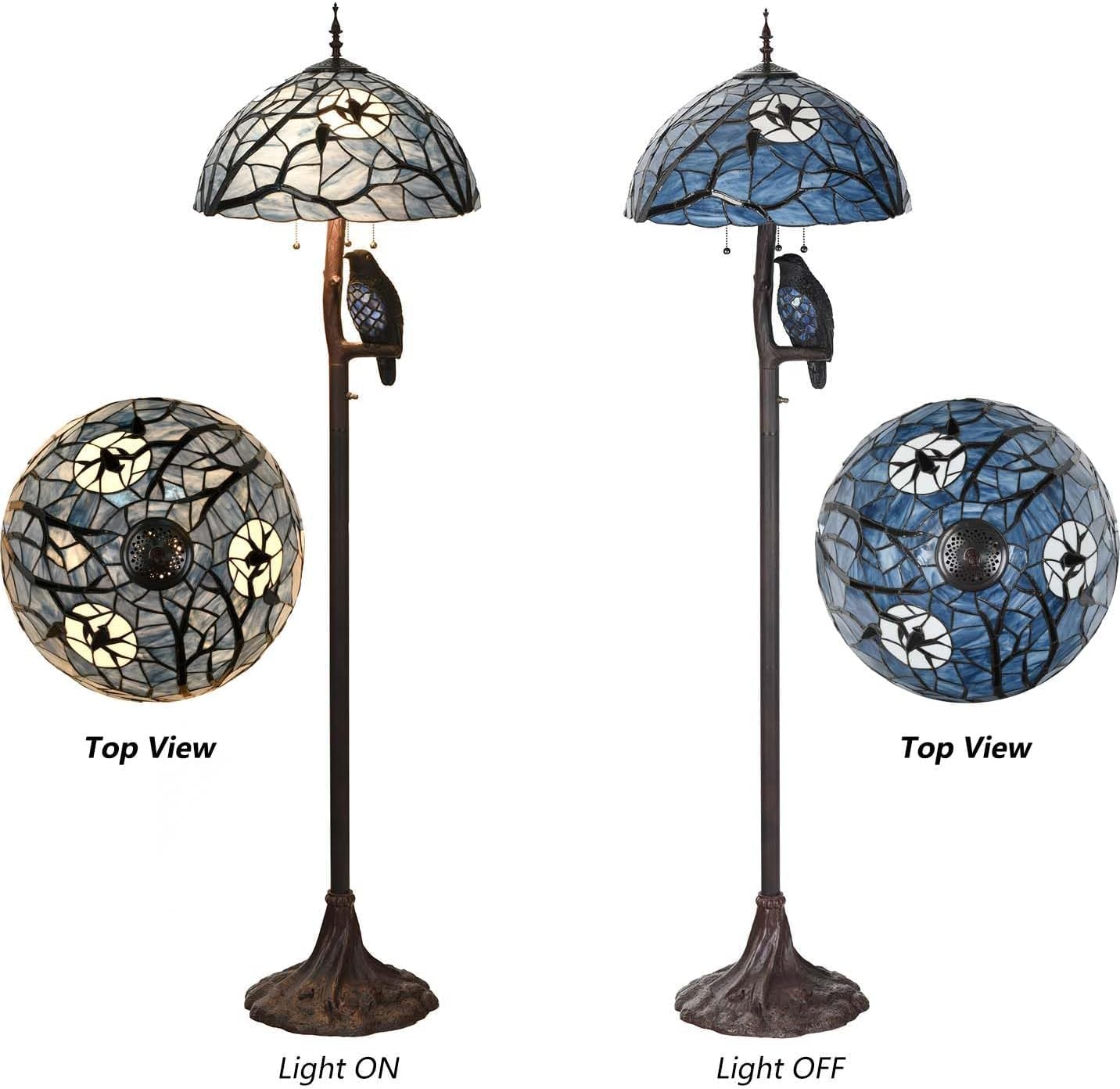 Bieye L10882 Ravens Sitting on Bare Tree Branch Against Full Moon Lámpara de pie estilo Tiffany con luz nocturna Raven doble iluminada para