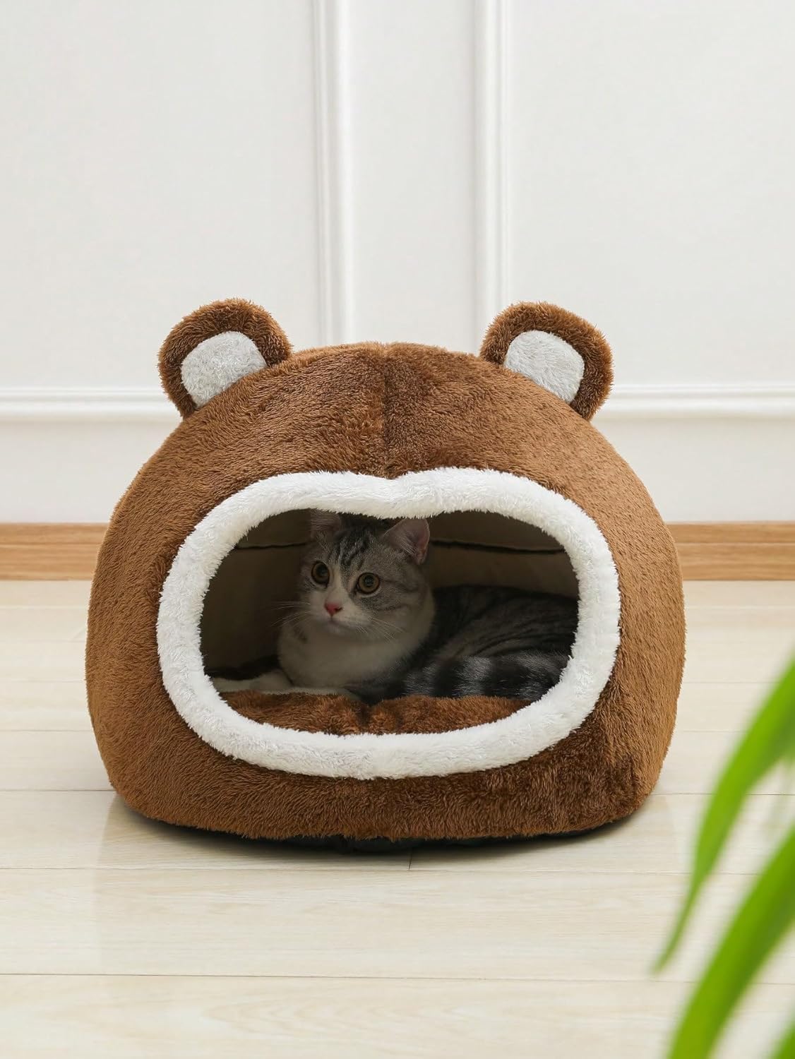 QWINEE Cama para gatos con forma de oso para interiores con cojín extraíble, tienda de campaña de felpa para mascotas, diseño de orejas de dibujos
