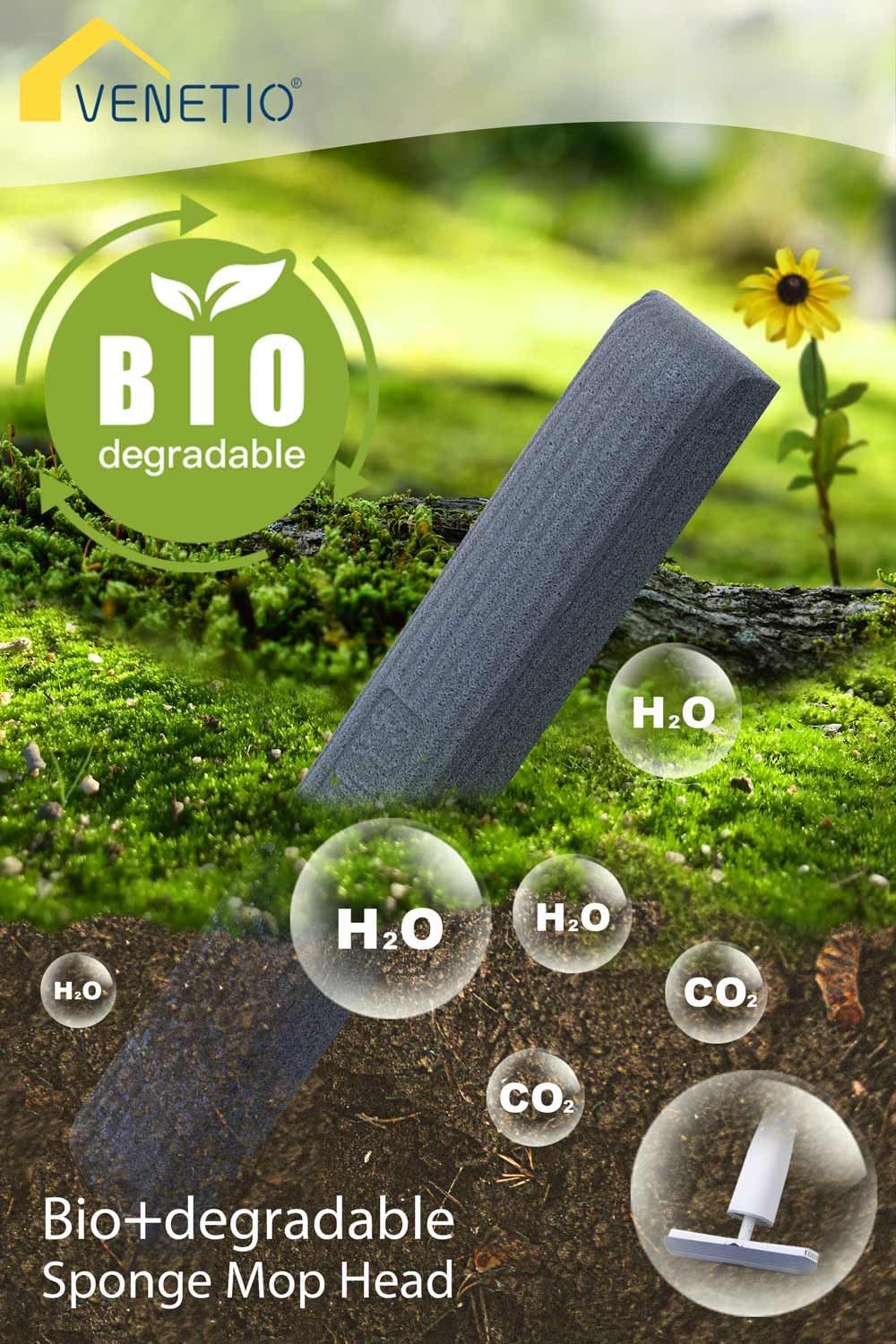 VENETIO Trapeador de esponja para limpieza de suelos con 3 cabezales de mopa de poliuretano biodegradables siempre suaves, fácil de limpiar, polvo
