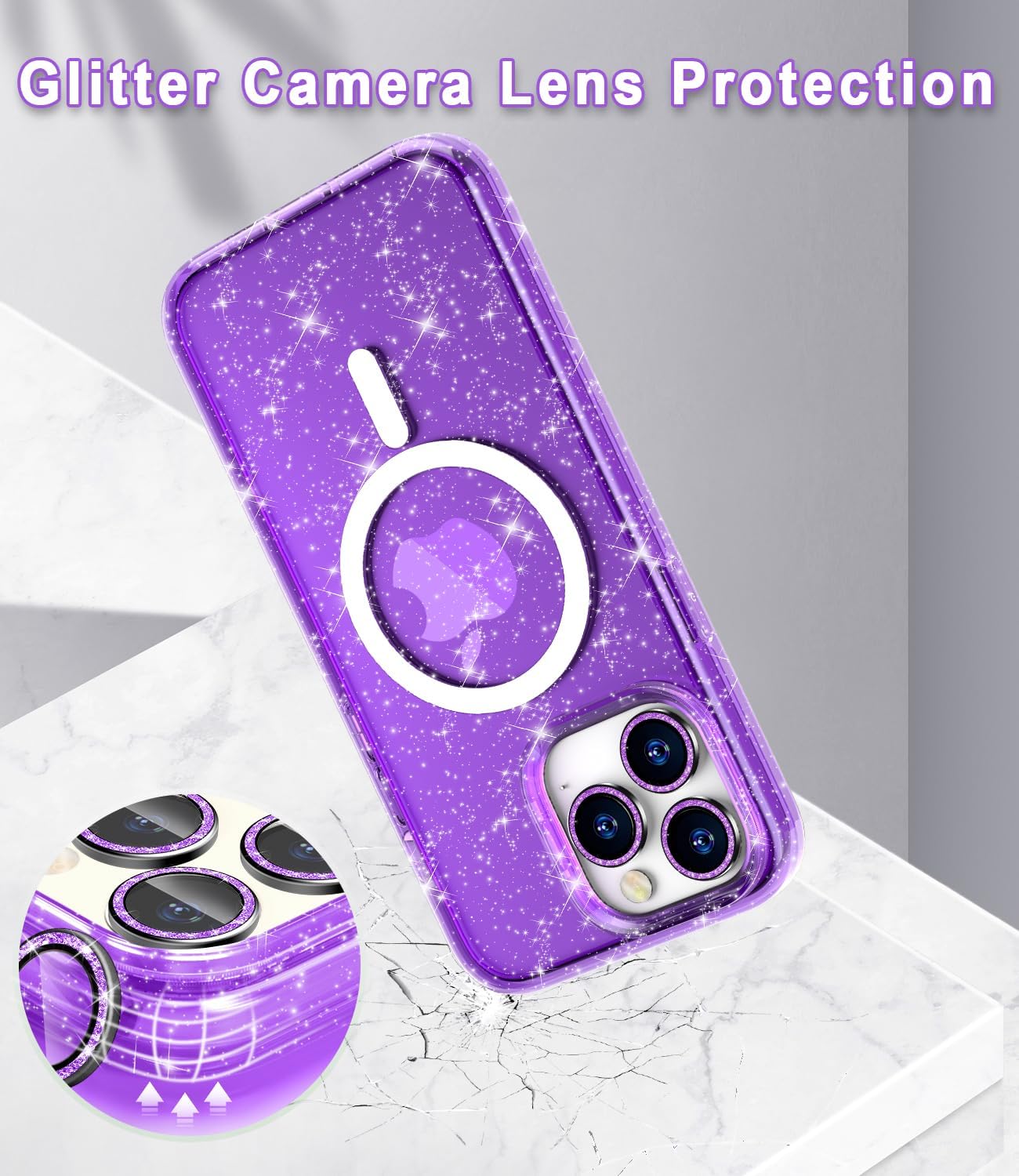 Funda magnética brillante para iPhone 15 Pro compatible con MagSafe, 2 protectores de pantalla y 2 protectores de lente de cámara de diamante,