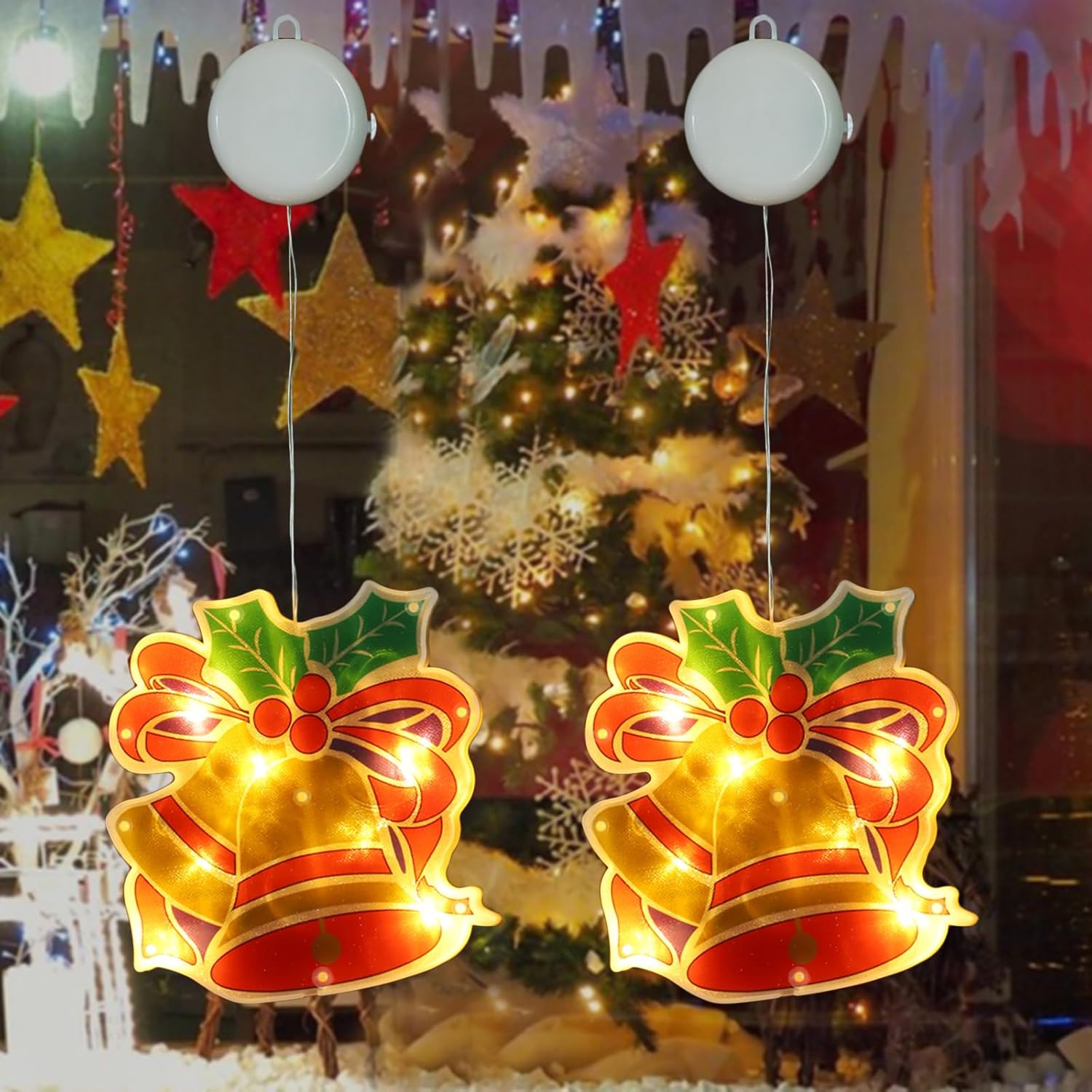 Decoraciones de Navidad, 2 luces de ventana de Navidad, funciona con pilas, luces de silueta de ventana con ventosa, temporizador para decoración de