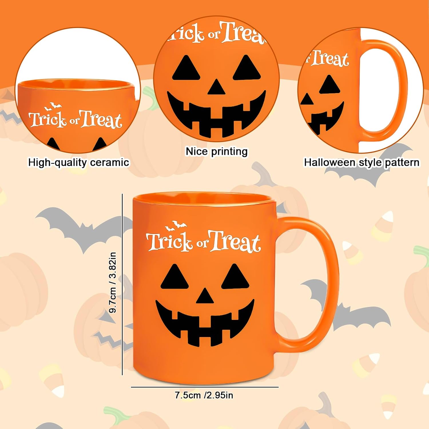 Whaline Juego de 2 tazas de Halloween de 12 onzas con diseño de calabaza, tazas de café de cerámica para el hogar, escuela, oficina, centros de