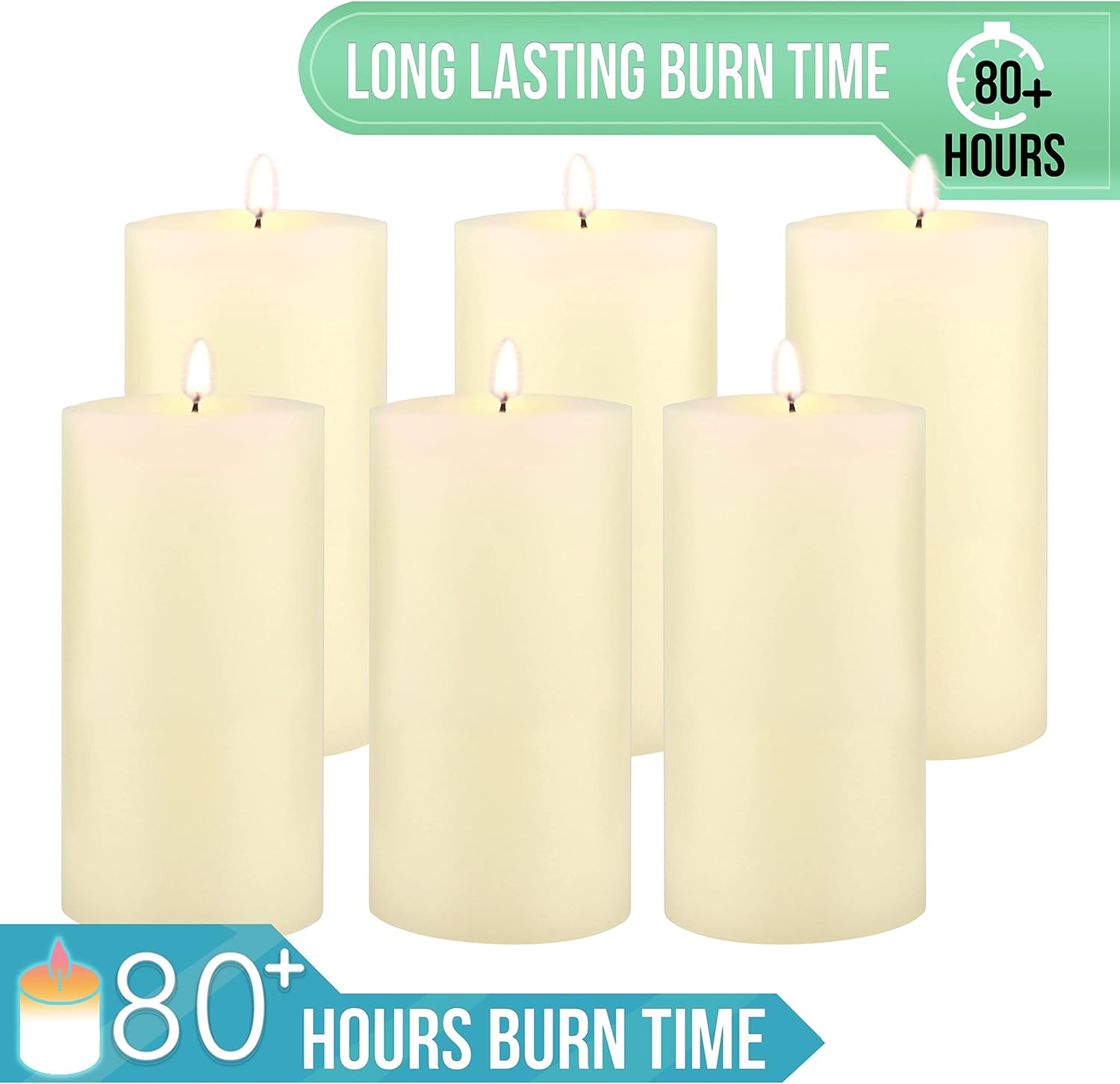 Stonebriar Velas altas de 3 x 6 pulgadas, 80 horas de duración, sin perfume, cera plana, marfil, paquete de 6