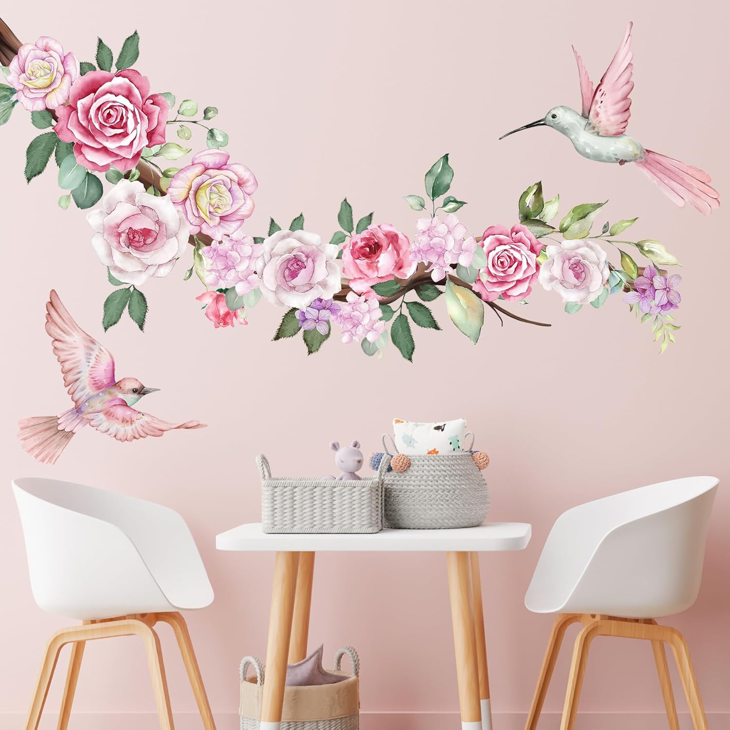 DRWSSR 2 hojas de calcomanías de pared de flores de peonía de acuarela, calcomanías de pared florales de colibríes rosados, calcomanías de pared de