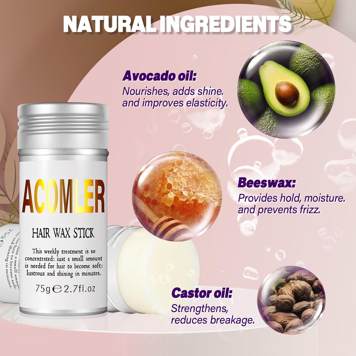 Acomler Palo de cera para el cabello, cera para el cabello, cera para el cabello, domadora de cabello con vuelo, barra de pelo de espalda